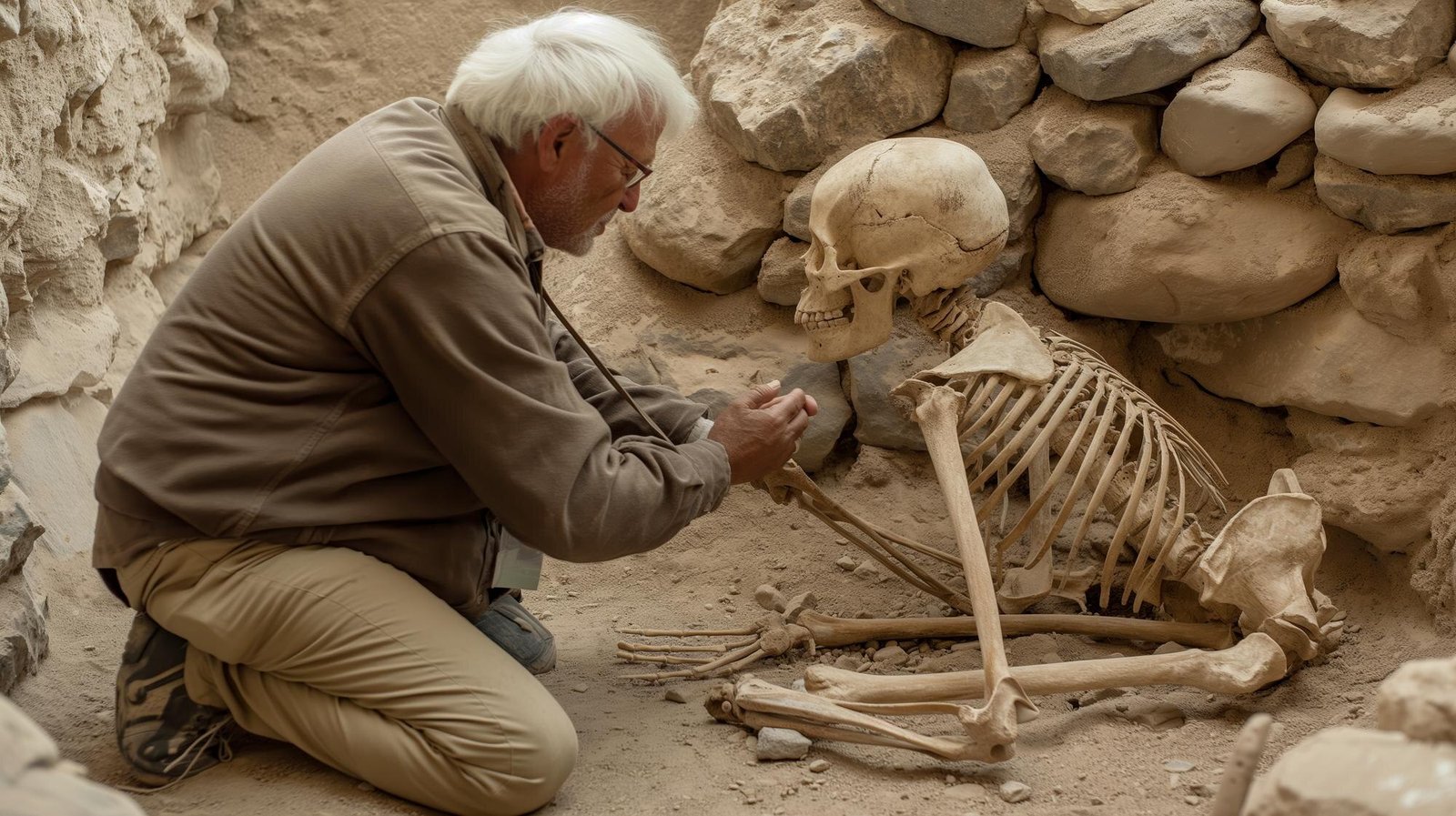 An elderly man with white hair and glasses wearing tan clothing kneels beside a human skeleton partially excavated from sandy soil near a stone wall.