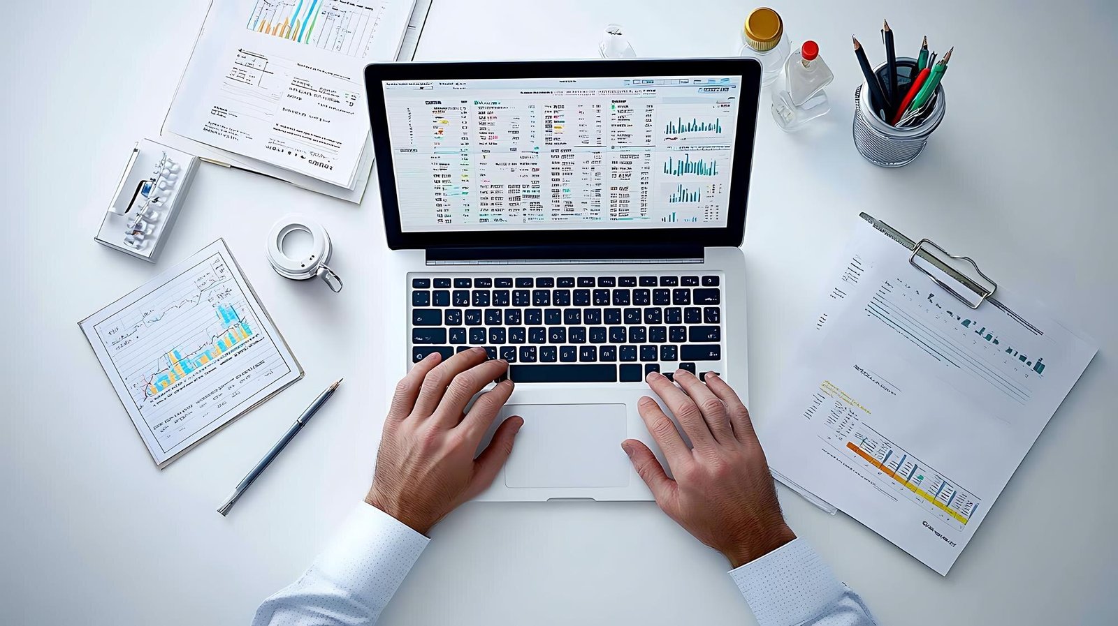 A person's hands typing on a laptop displaying spreadsheets and charts, surrounded by printed financial documents, pens, and office supplies on a white desk.