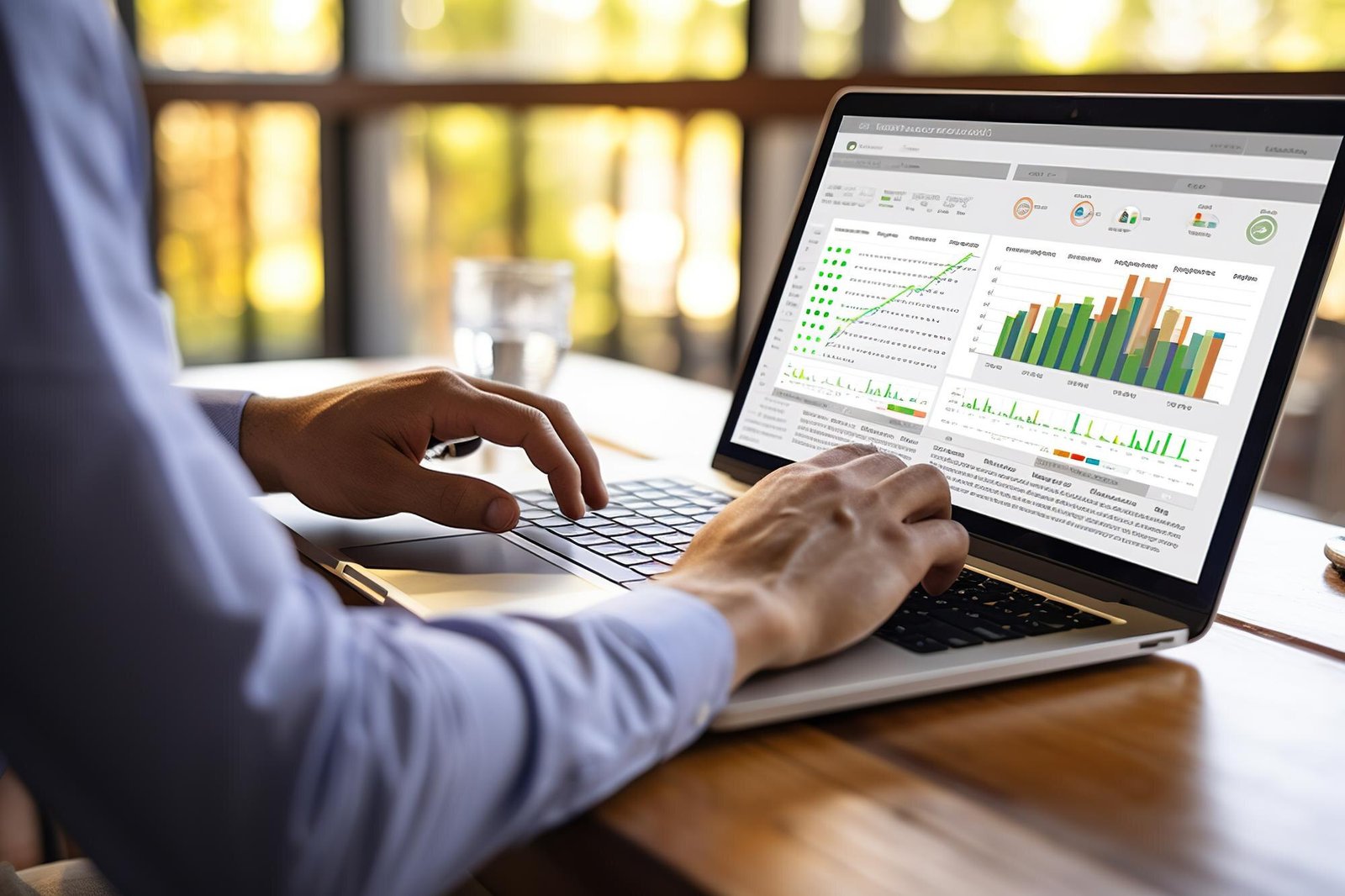 A person wearing a light blue shirt types on a laptop displaying charts and graphs on its screen, with a glass of water visible on a wooden desk near a window.