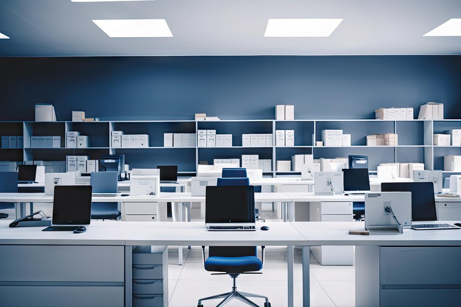 A modern office space with white desks, computer monitors, office chairs, and shelving units filled with white storage boxes against a blue wall.