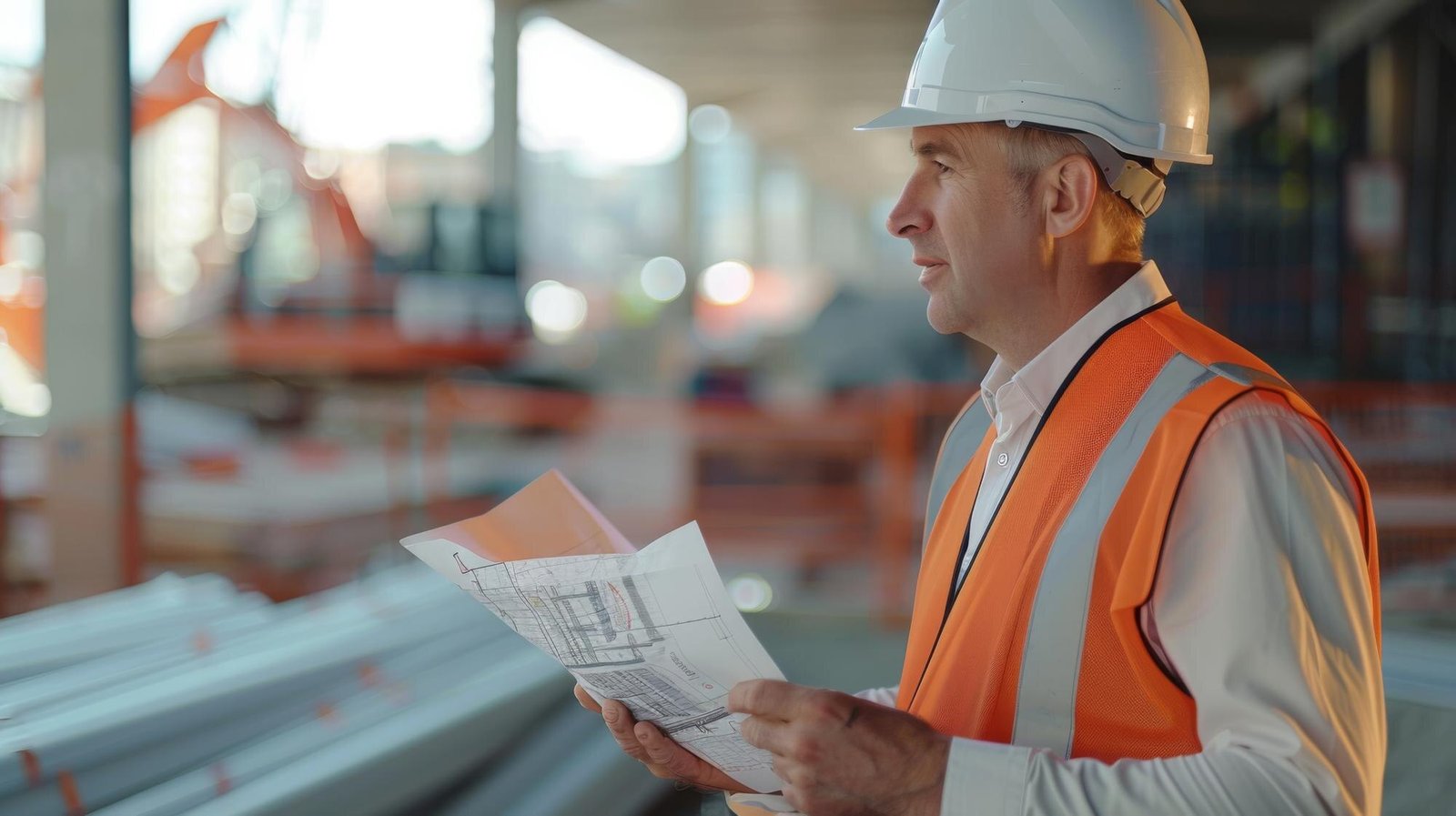 A man wearing a white hard hat and orange safety vest holds architectural blueprints while standing at a construction site.