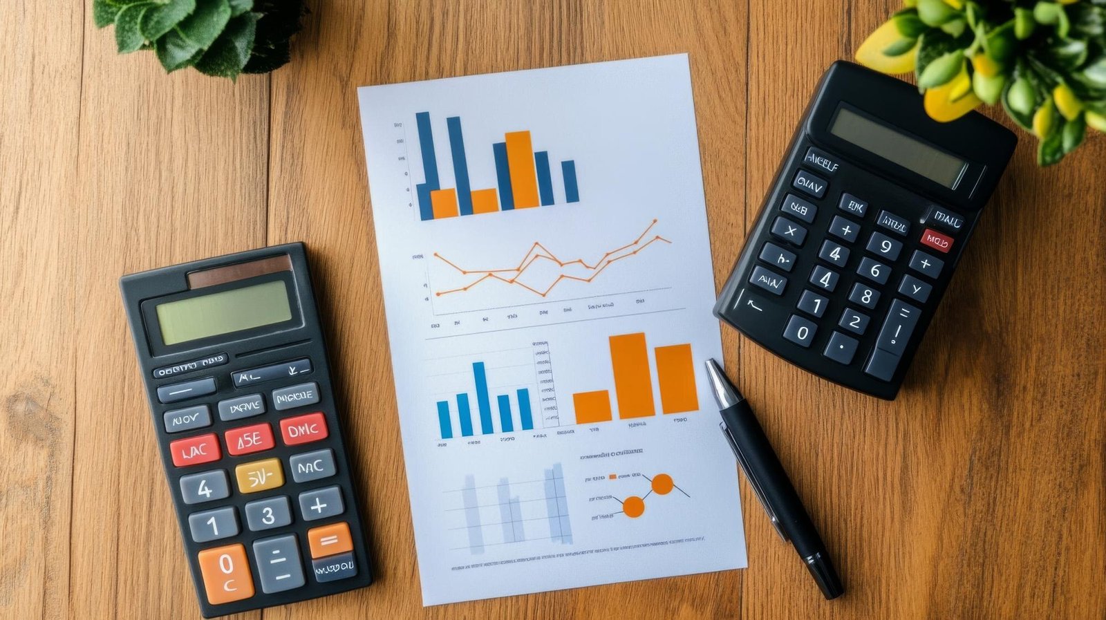 A wooden desk surface with two calculators, a printed page showing various charts and graphs in blue and orange, a pen, and two small potted plants in the corners.