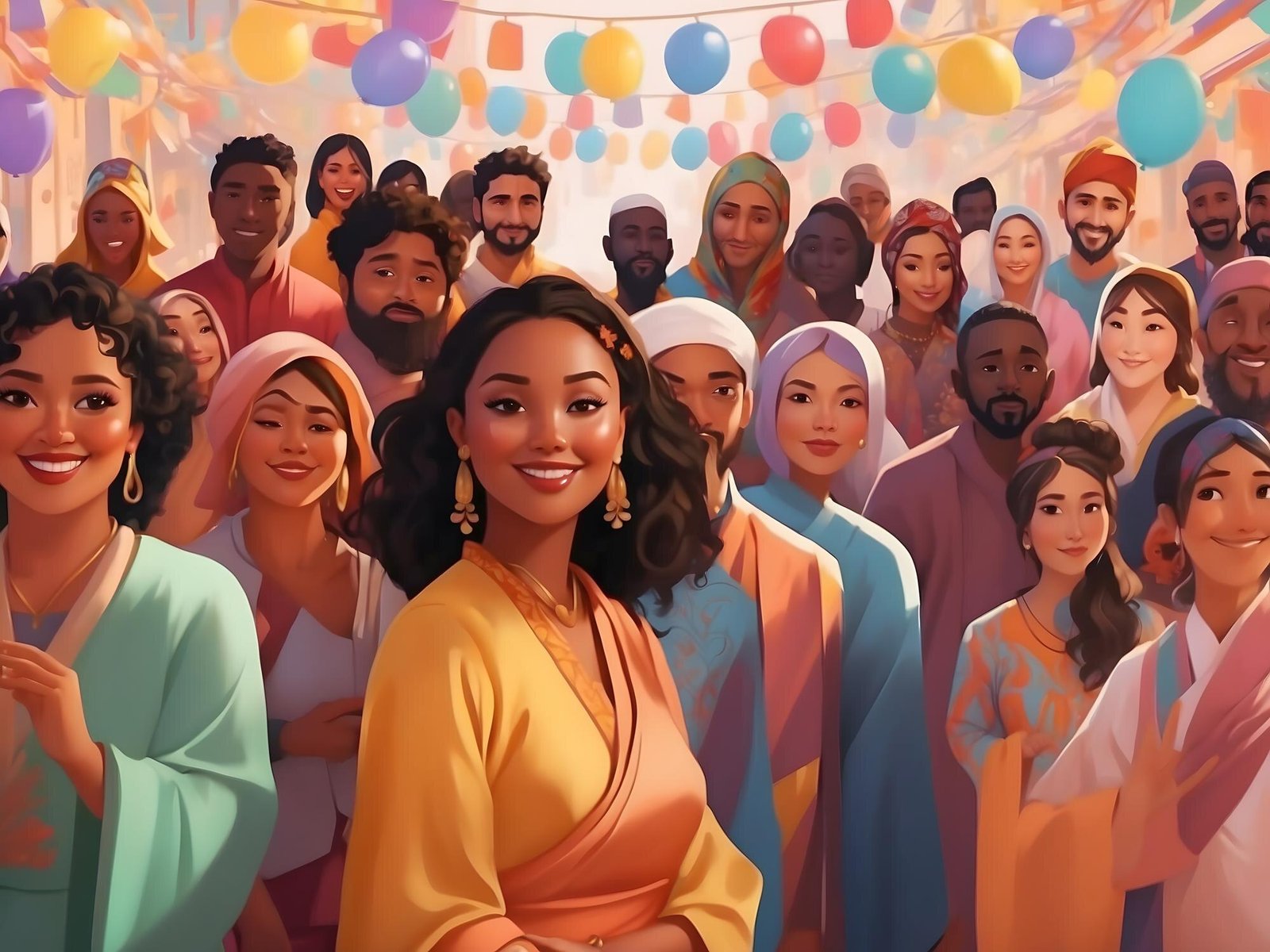 A diverse group of illustrated people of various ethnicities standing together in front of colorful balloons and streamers at what appears to be a celebration, with a woman in a yellow outfit prominently positioned in the center foreground.