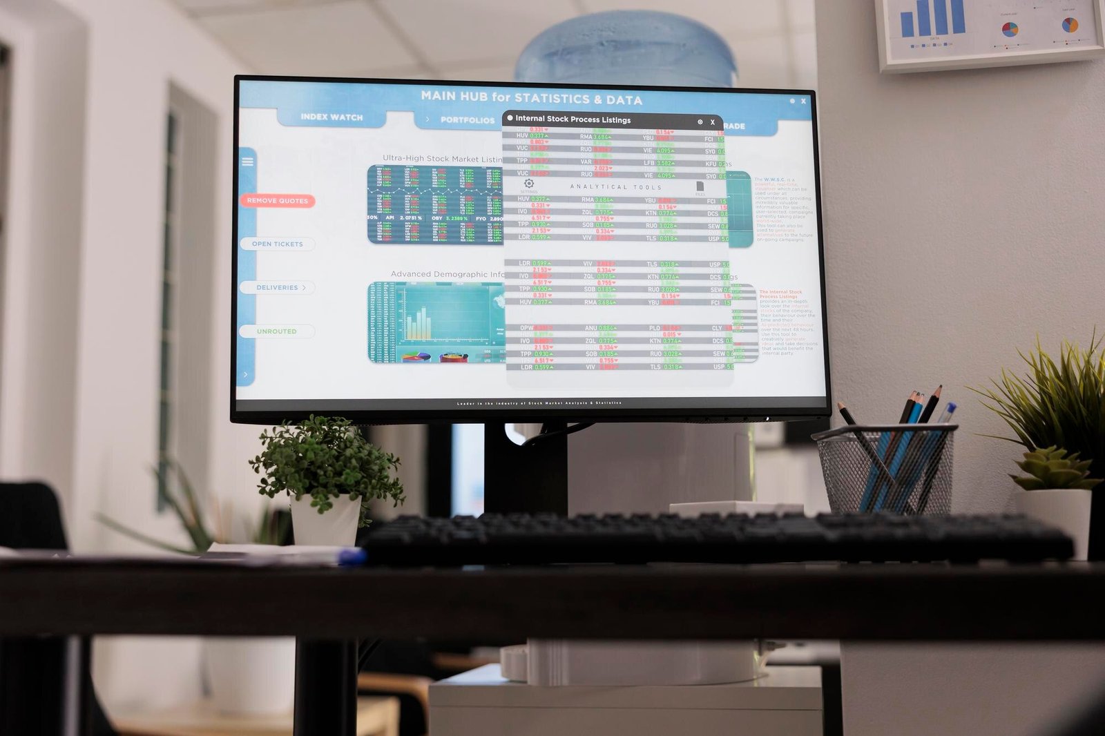 A computer monitor displaying a statistics and data dashboard with multiple windows showing stock market information, charts, and analytical tools, sitting on a desk with a keyboard, plants, and office supplies visible.
