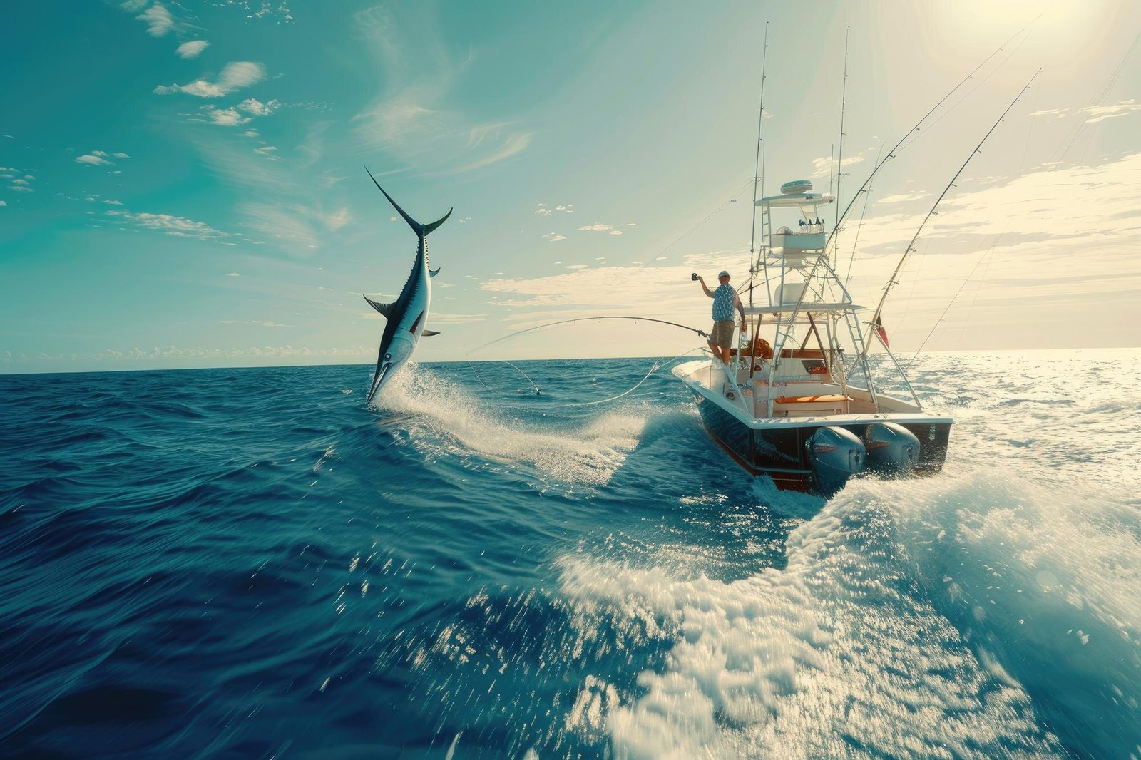 A large marlin jumps out of the water near a fishing boat with people on board, creating a splash in the ocean.
