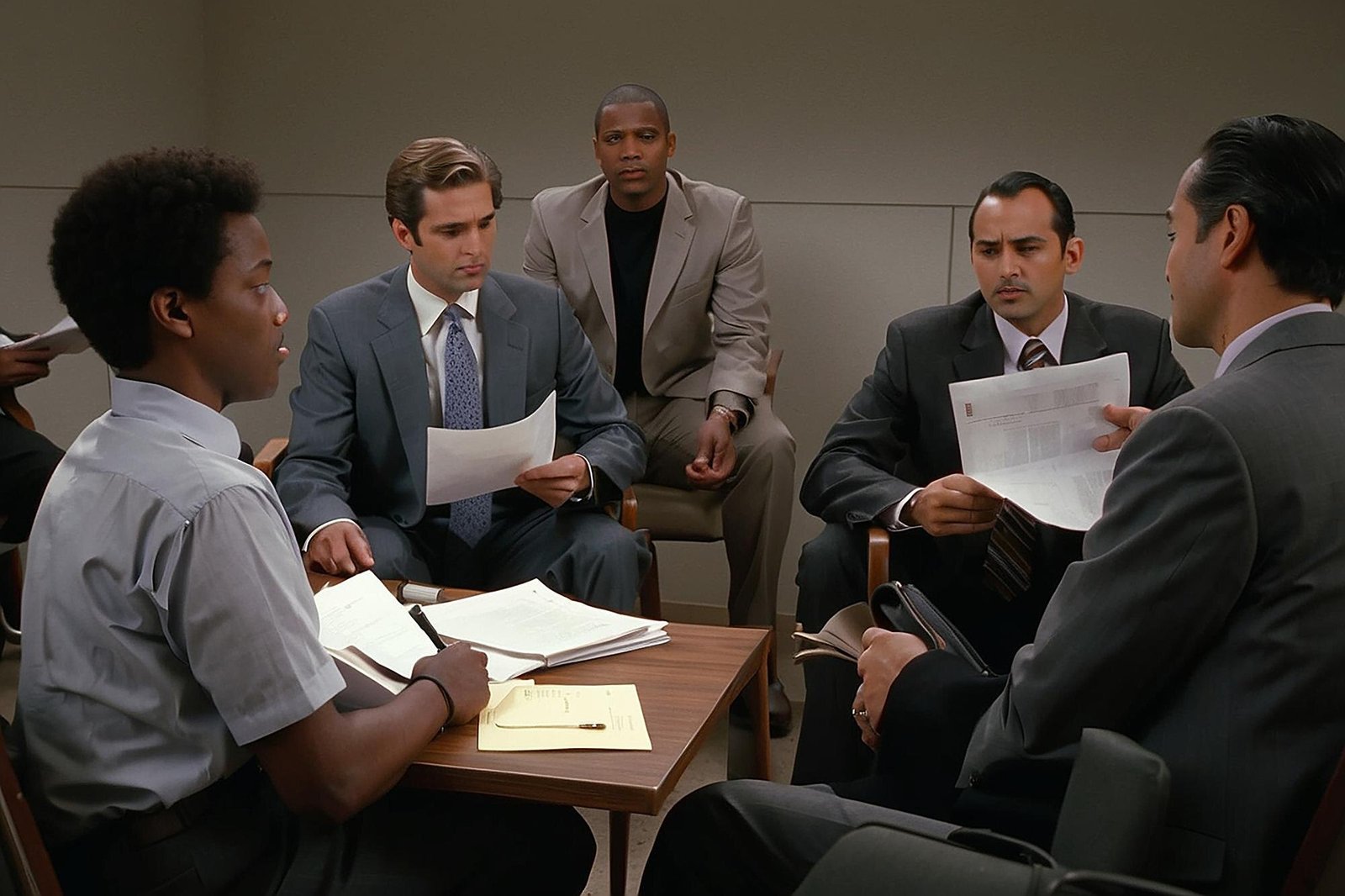 Five men in business attire sit in chairs around a small wooden table, holding papers and documents during what appears to be a meeting or interview.
