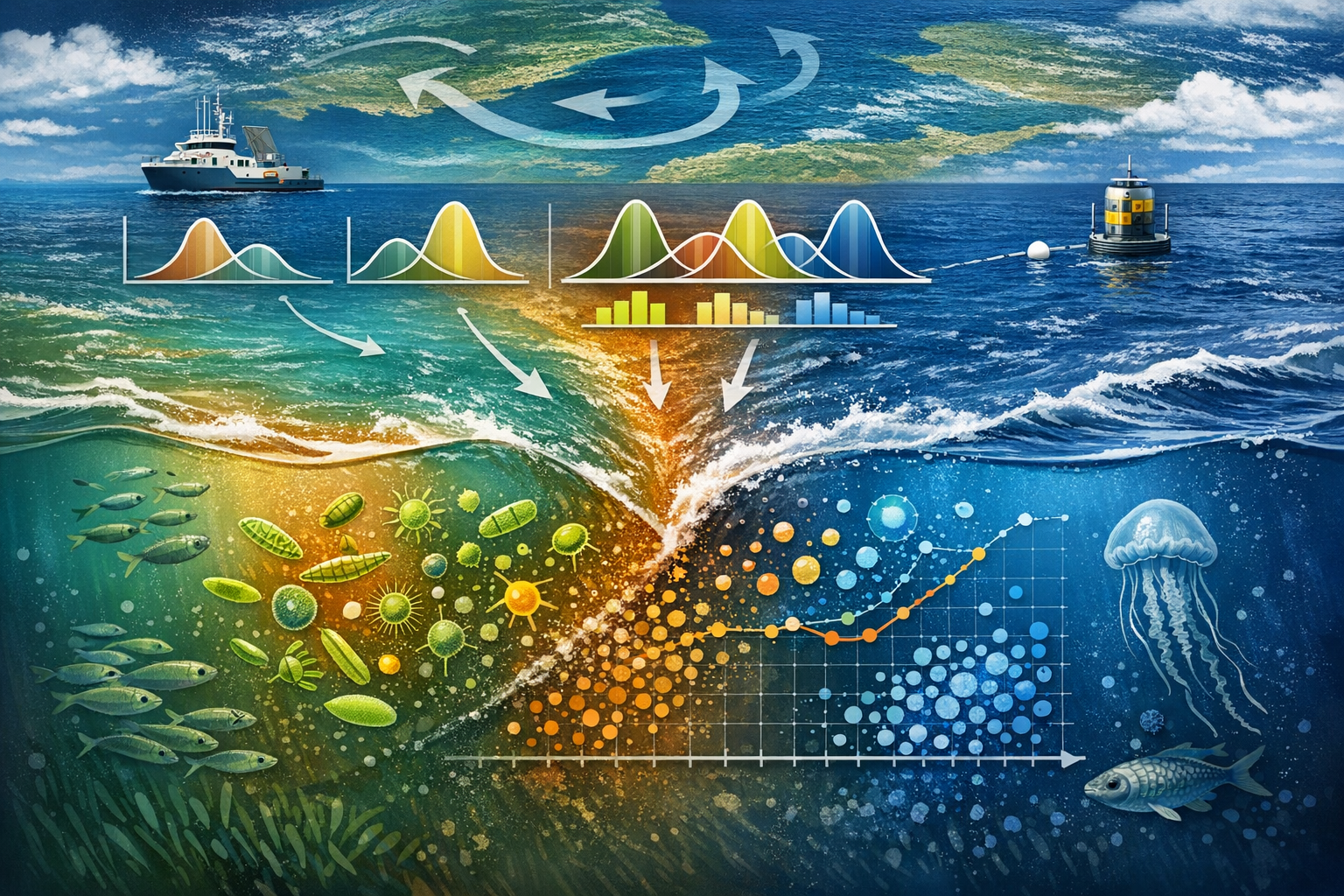 An illustration showing research vessels on the ocean surface above an underwater scene split into green, yellow, and blue sections containing fish, microorganisms, a jellyfish, with overlaid graphs, charts, and arrows depicting data analysis.