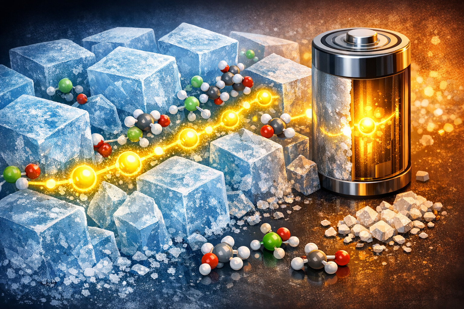 Ice cubes on the left transition to a metallic battery on the right, with molecular structures and glowing yellow energy particles flowing between them.