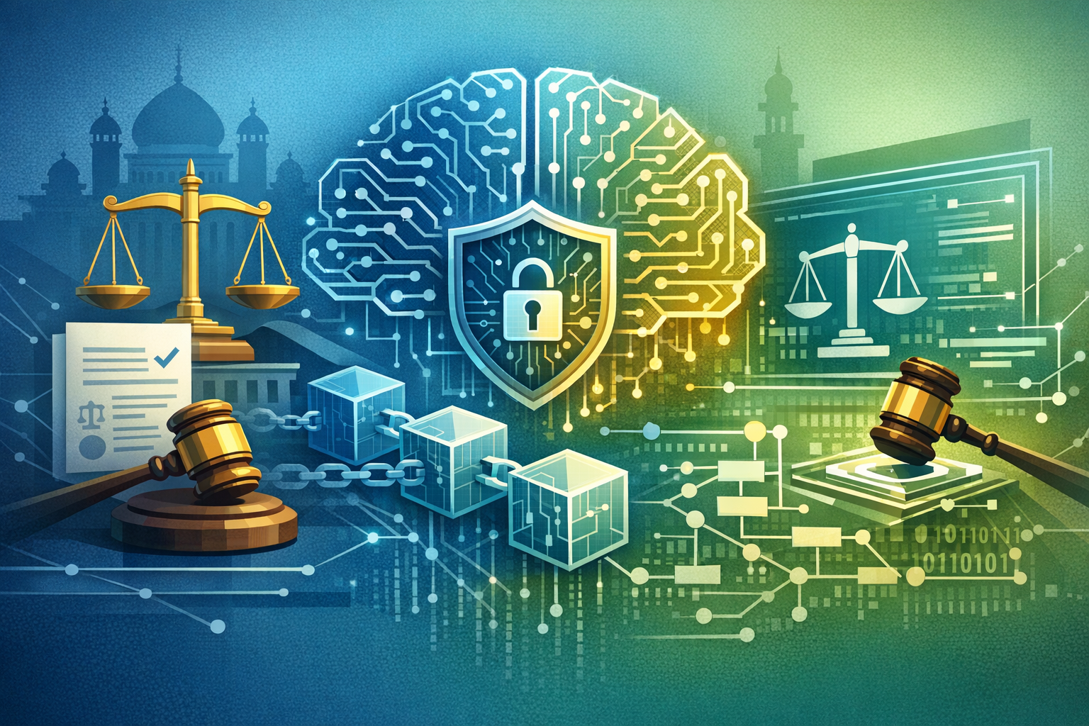 A digital illustration showing scales of justice, gavels, legal documents, a brain made of circuit board patterns, a shield with a padlock, blockchain cubes, and binary code against a blue-to-green gradient background with silhouettes of buildings.