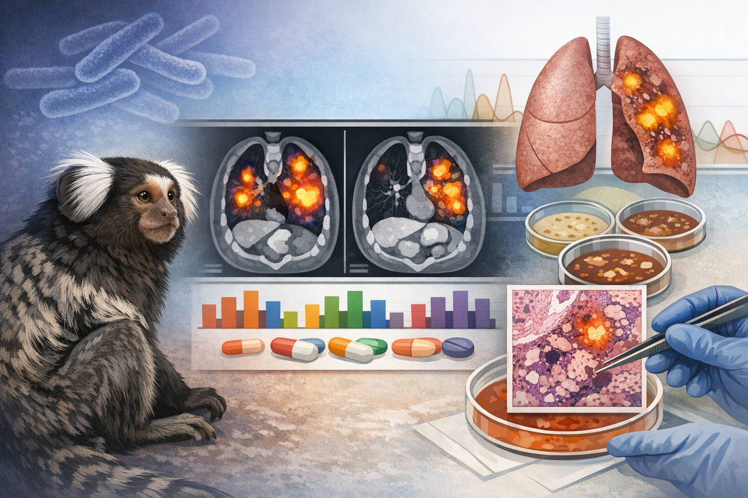 A scientific illustration showing a marmoset monkey on the left, medical scan images of lungs with glowing areas in the center, anatomical lung models, petri dishes, pills with a bar chart, a microscope slide being held by gloved hands, and bacterial cultures in the background.