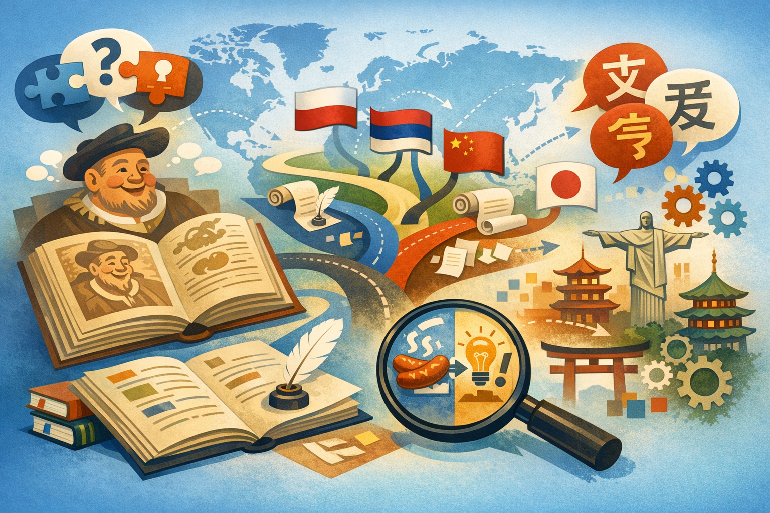 An illustration showing a historical figure with books, a world map, various national flags including Poland, Netherlands, China, and Japan, Asian architectural landmarks, speech bubbles with Chinese characters, and a magnifying glass examining food items and a light bulb.