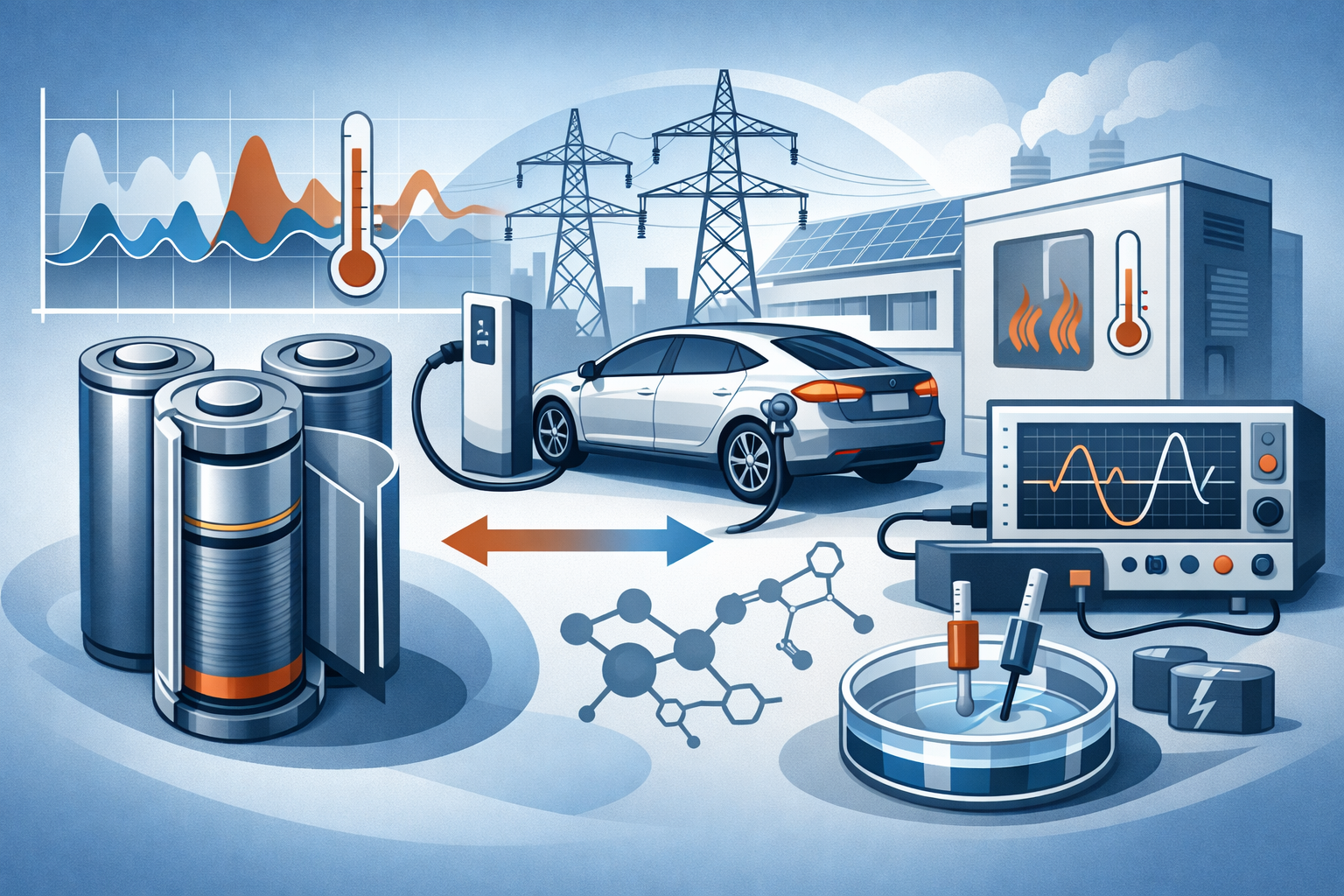 Illustration showing an electric vehicle charging station connected to batteries, power transmission towers, solar panels, energy monitoring equipment, and scientific molecular diagrams, representing renewable energy and electric vehicle infrastructure.