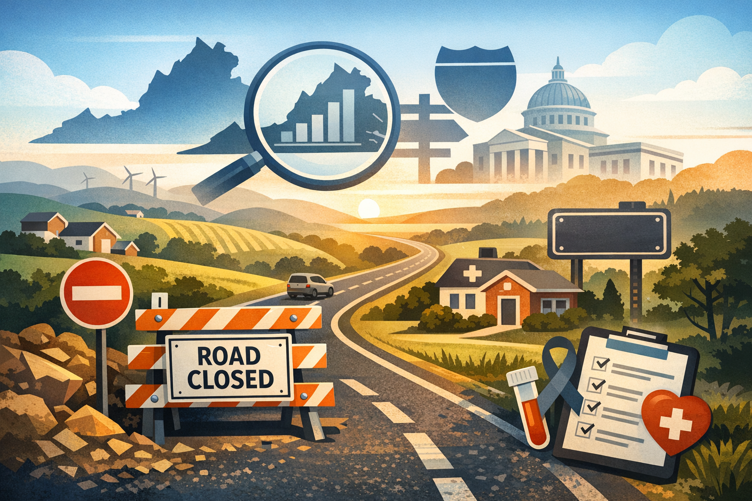 An illustrated rural landscape showing a winding road with a road closed sign and barrier, farmland, houses, a capitol building in the background, and overlaid icons including a magnifying glass with a chart, a shield, a clipboard with checklist and medical symbols, and a blank road sign.