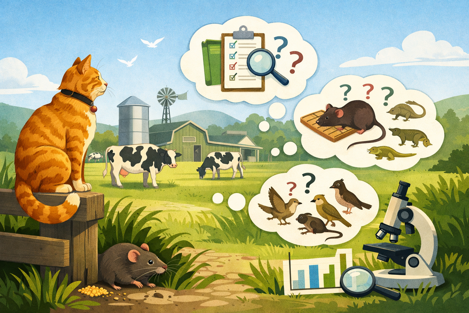 An orange cat sitting on a wooden post observes a farm scene with cows, a barn, and windmill, while thought bubbles show a checklist, a rat on a mousetrap with question marks, reptiles with question marks, birds with question marks, and scientific tools including a microscope and magnifying glass.