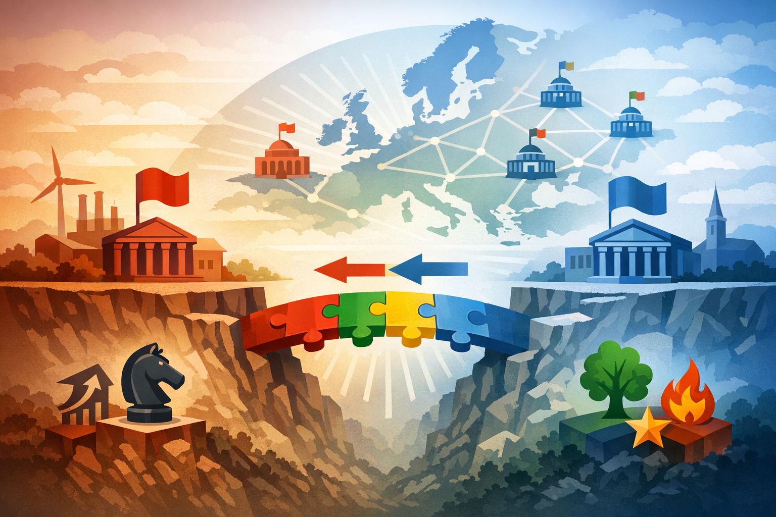 An illustrated image showing two sides of a divide connected by puzzle pieces, with government buildings on each side, a map of Europe above, arrows indicating exchange, and symbols including a chess knight, tree, star, and flame at the bottom.