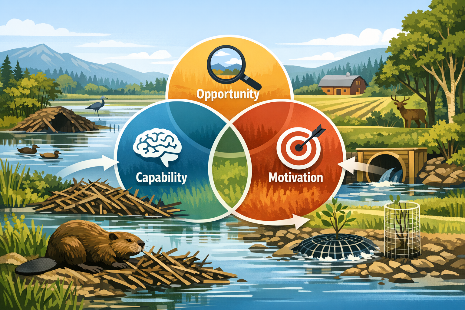 A Venn diagram with three overlapping circles labeled Opportunity, Capability, and Motivation overlaid on an illustrated nature scene featuring a beaver, wetlands, and rural landscape.