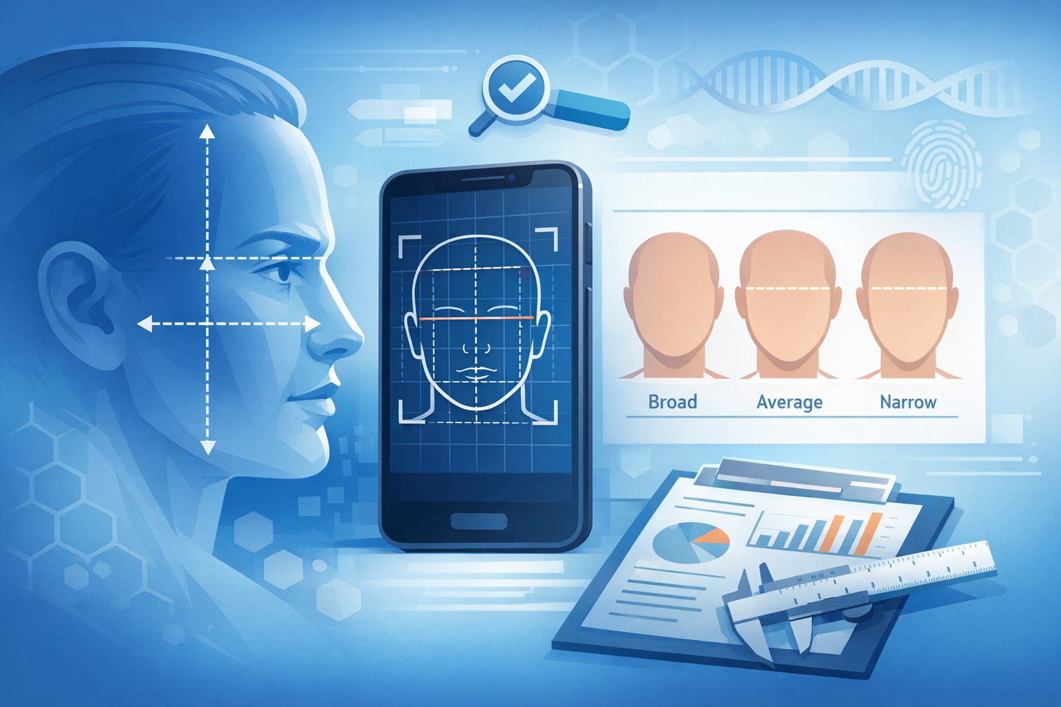 An illustration showing a translucent blue head in profile with measurement arrows, a smartphone displaying facial recognition scanning, a chart comparing broad, average, and narrow face shapes, and documents with graphs and calipers, all in blue tones with DNA helix and fingerprint graphics in the background.