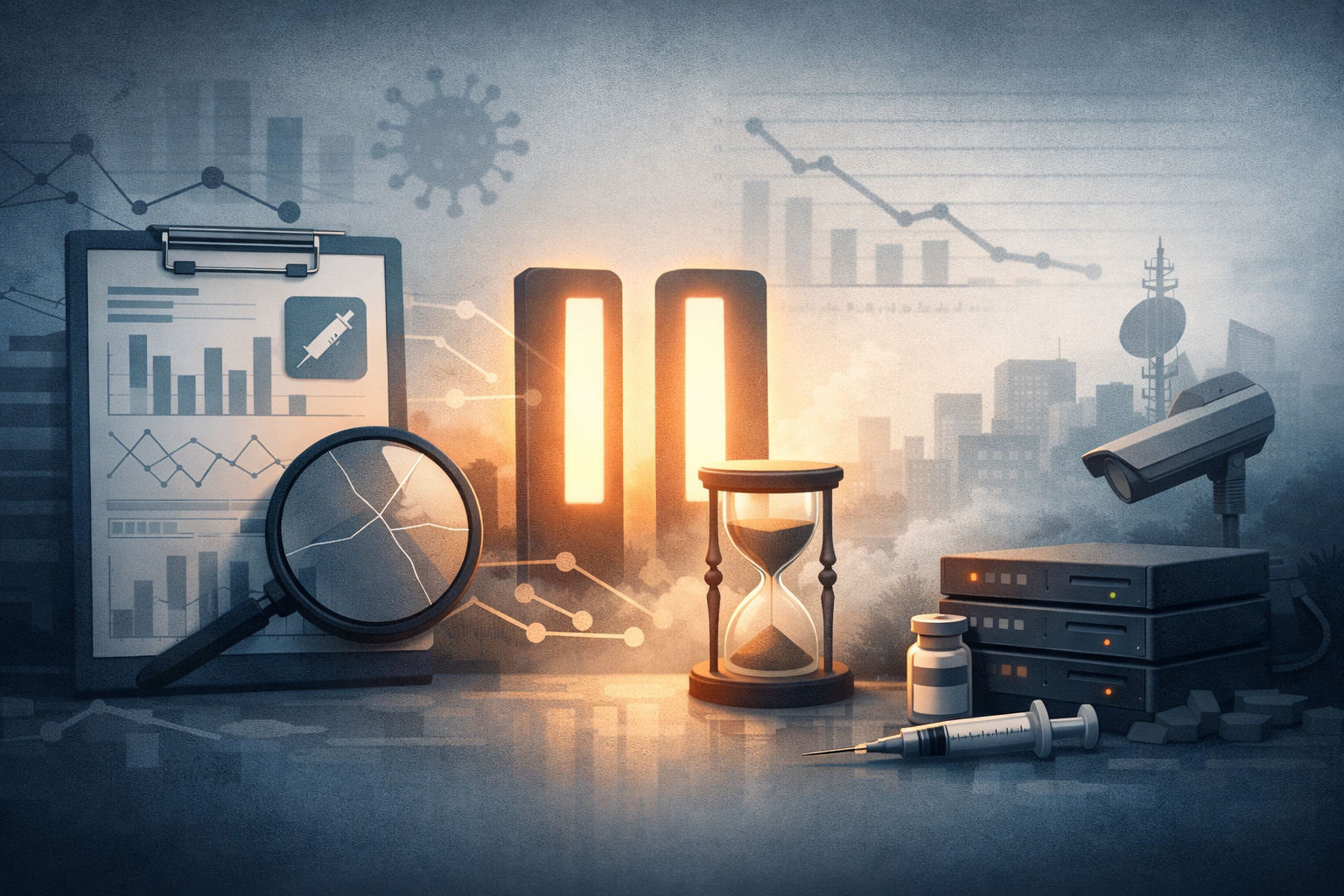A digital illustration showing medical and surveillance monitoring symbols including a glowing hourglass, clipboard with charts, magnifying glass, syringe, server equipment, security camera, virus particle, and cityscape in a blue-toned composition.