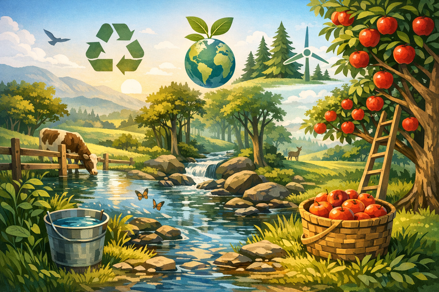 A pastoral landscape painting showing a stream with rocks, a cow drinking water, an apple tree with a ladder and basket of apples, with environmental symbols including a recycling icon, globe with leaves, and wind turbine overlaid in the sky.