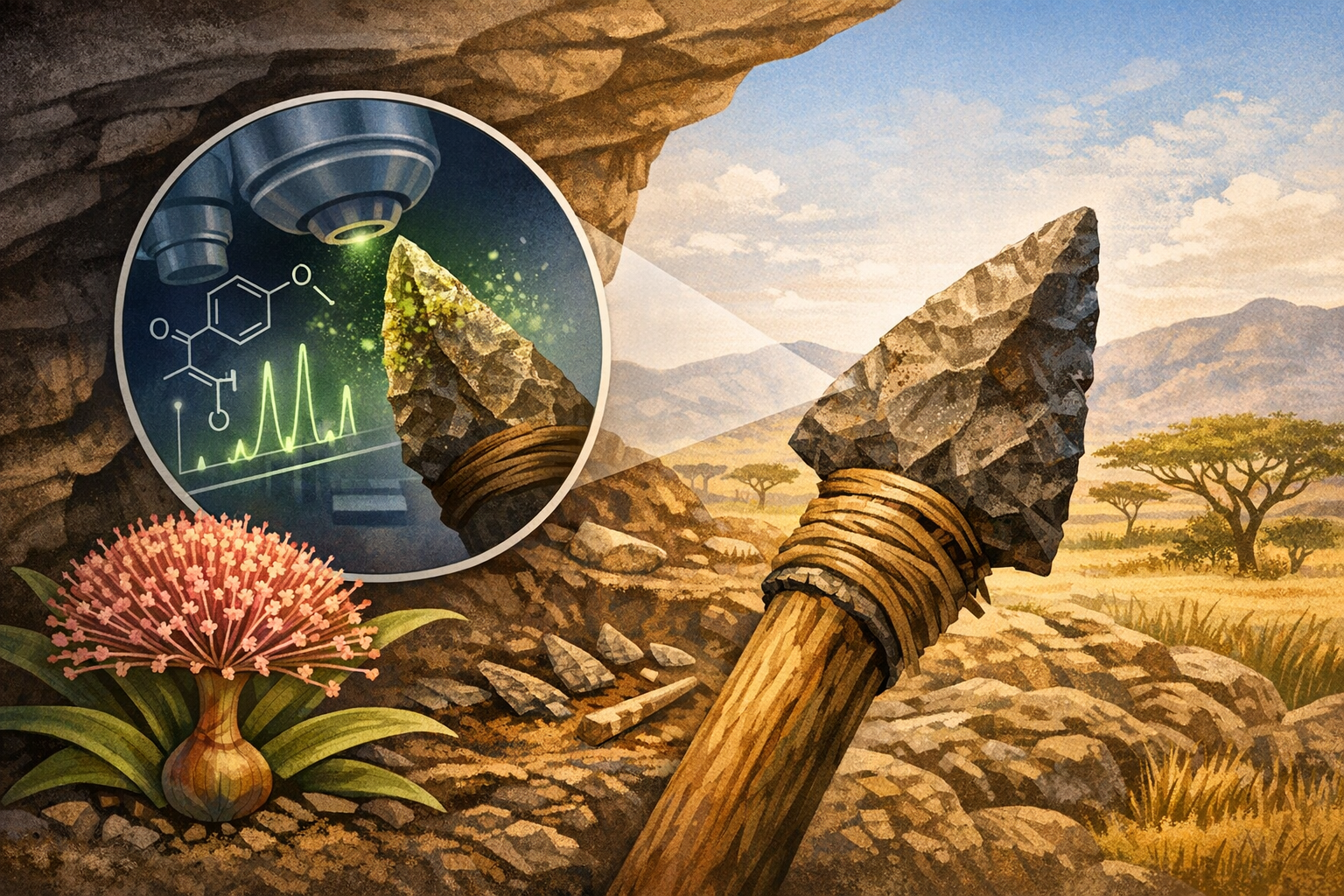 A watercolor illustration showing a prehistoric landscape with a stone tool, a pink flowering plant, acacia trees, and a circular inset diagram displaying a UFO-like device beaming light onto a rock fragment with chemical formulas and a graph.