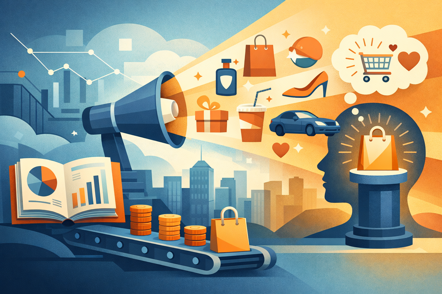 An illustration showing a megaphone projecting shopping-related items including bags, shoes, perfume, gifts, and a car toward a silhouetted head containing a shopping bag, with business charts, cityscape, and currency symbols in the background.