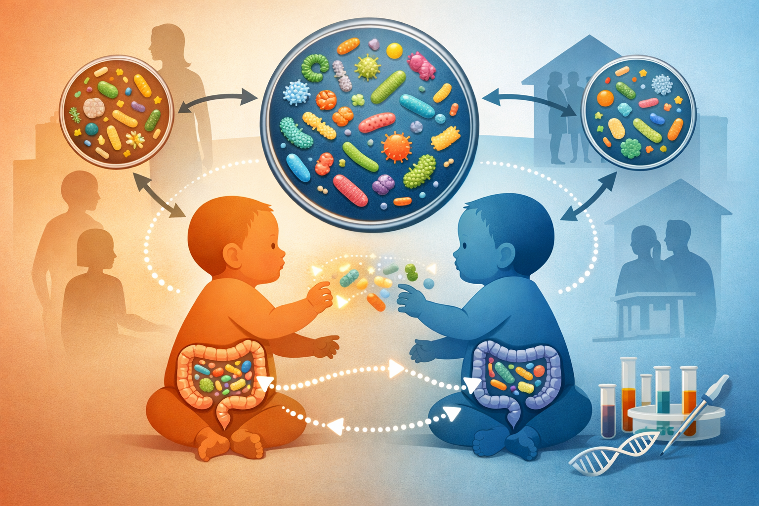 Illustration showing two infants exchanging colorful microorganisms and bacteria, with microscopic views above them and silhouettes of families in the background, representing microbial transmission between children.