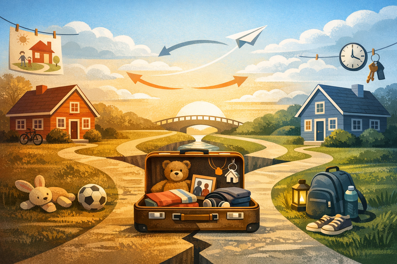 An illustrated scene showing two houses connected by winding paths with an open suitcase in the center containing clothes, a teddy bear, a framed photo, and house keys, with a soccer ball and stuffed rabbit on the left side and a backpack and shoes on the right side.