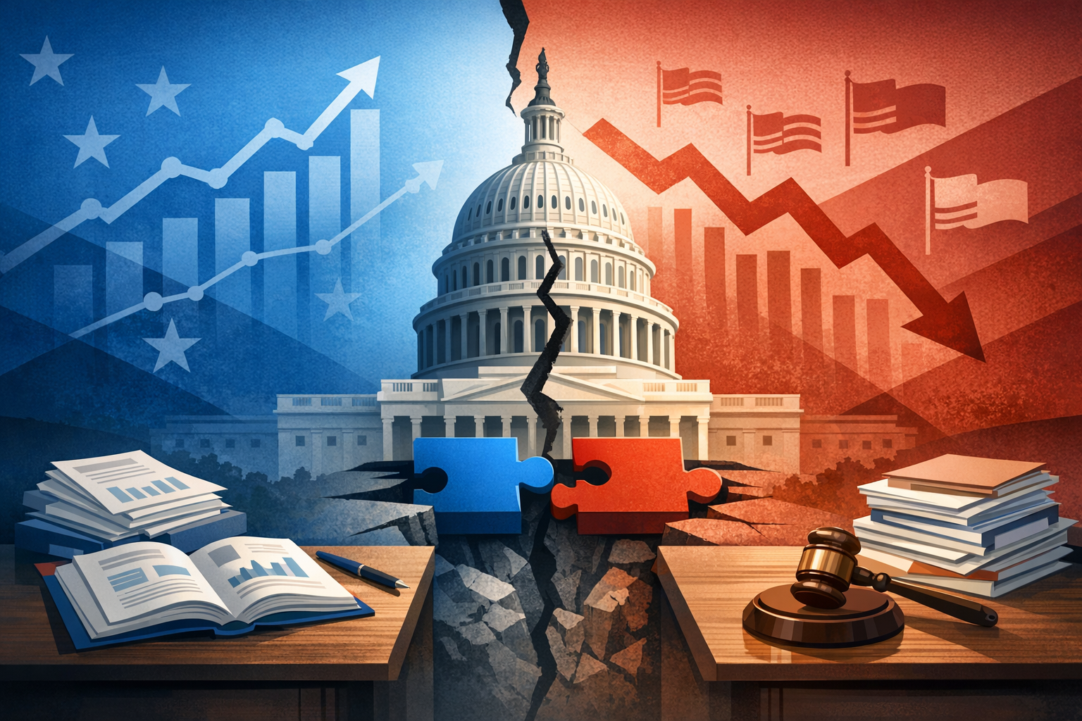 An illustration showing the U.S. Capitol building split down the middle with a blue side showing upward trending charts and a red side showing downward trending charts, with two puzzle pieces separated by a crack, books, documents, and a gavel on a desk below.