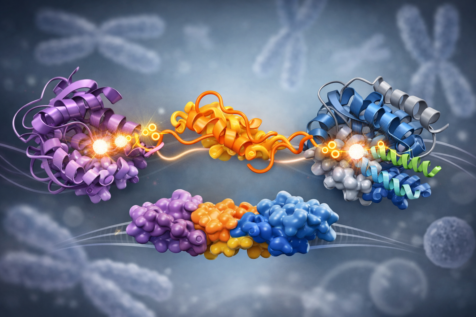 Colorful 3D illustration of protein molecules with purple, orange, and blue ribbon and spherical structures connected by glowing orange strands against a blue cloudy background with faint DNA helices.
