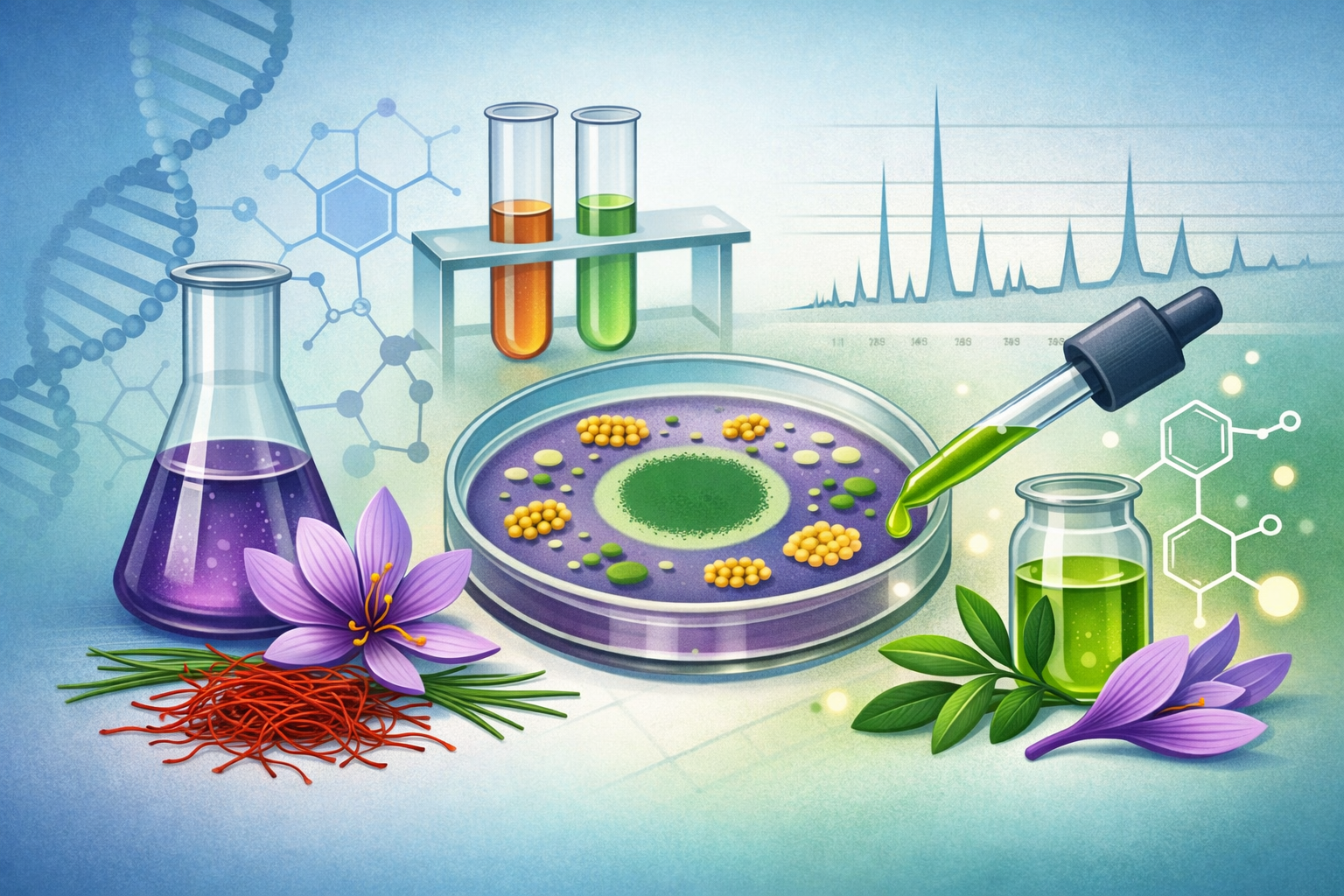 Illustration of a laboratory scene with a petri dish containing colored spheres and a central green area, surrounded by scientific equipment including test tubes with colored liquids, flowers, red stringy material, molecular structures, a dropper pipette, and a chromatography chart in the background.