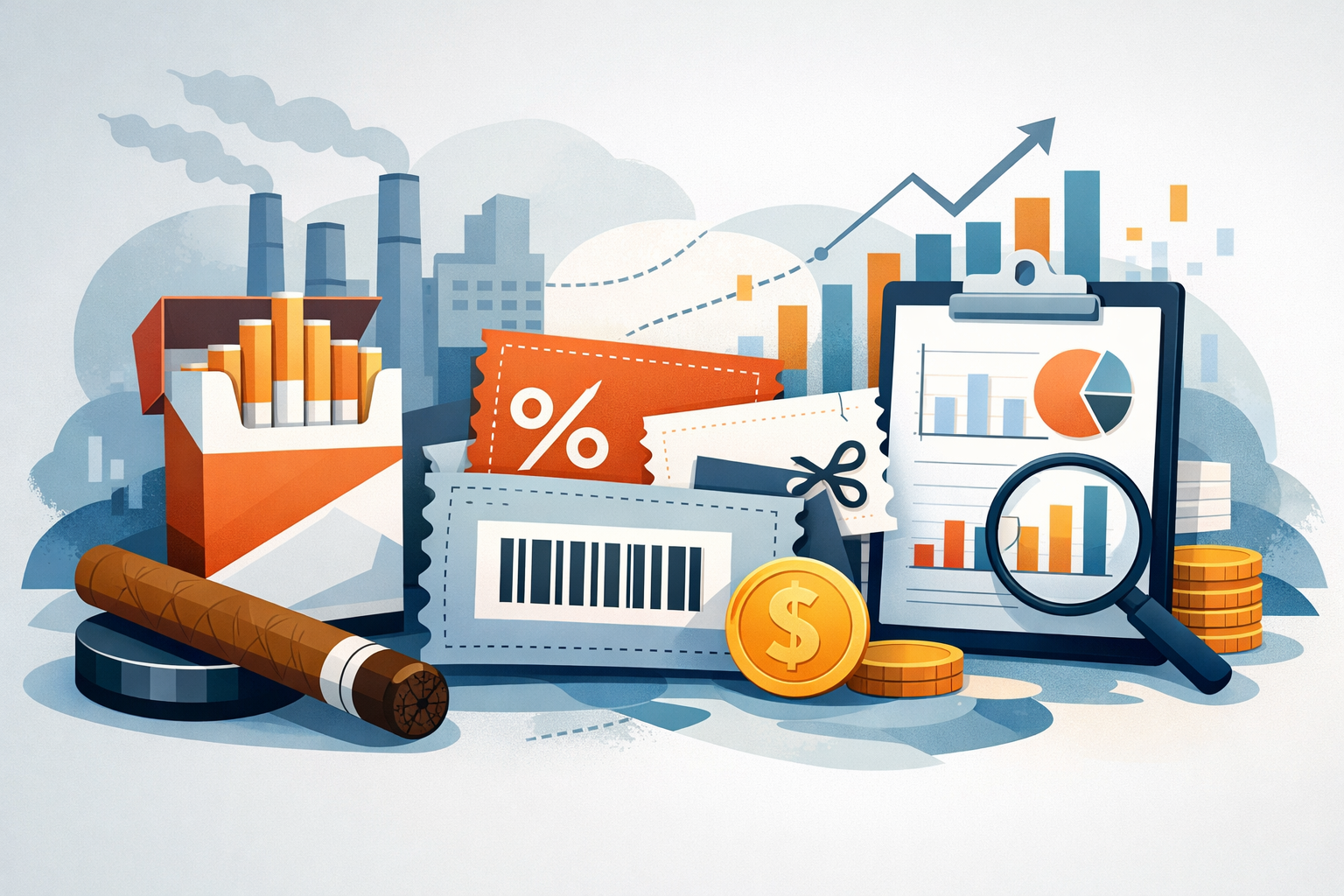An illustration showing business and financial analysis concepts including a laptop with charts, bar graphs, pie charts, an upward trending arrow, a magnifying glass, coins, dollar sign, envelope with data visualization, clipboard, cigar, and city skyline in the background.
