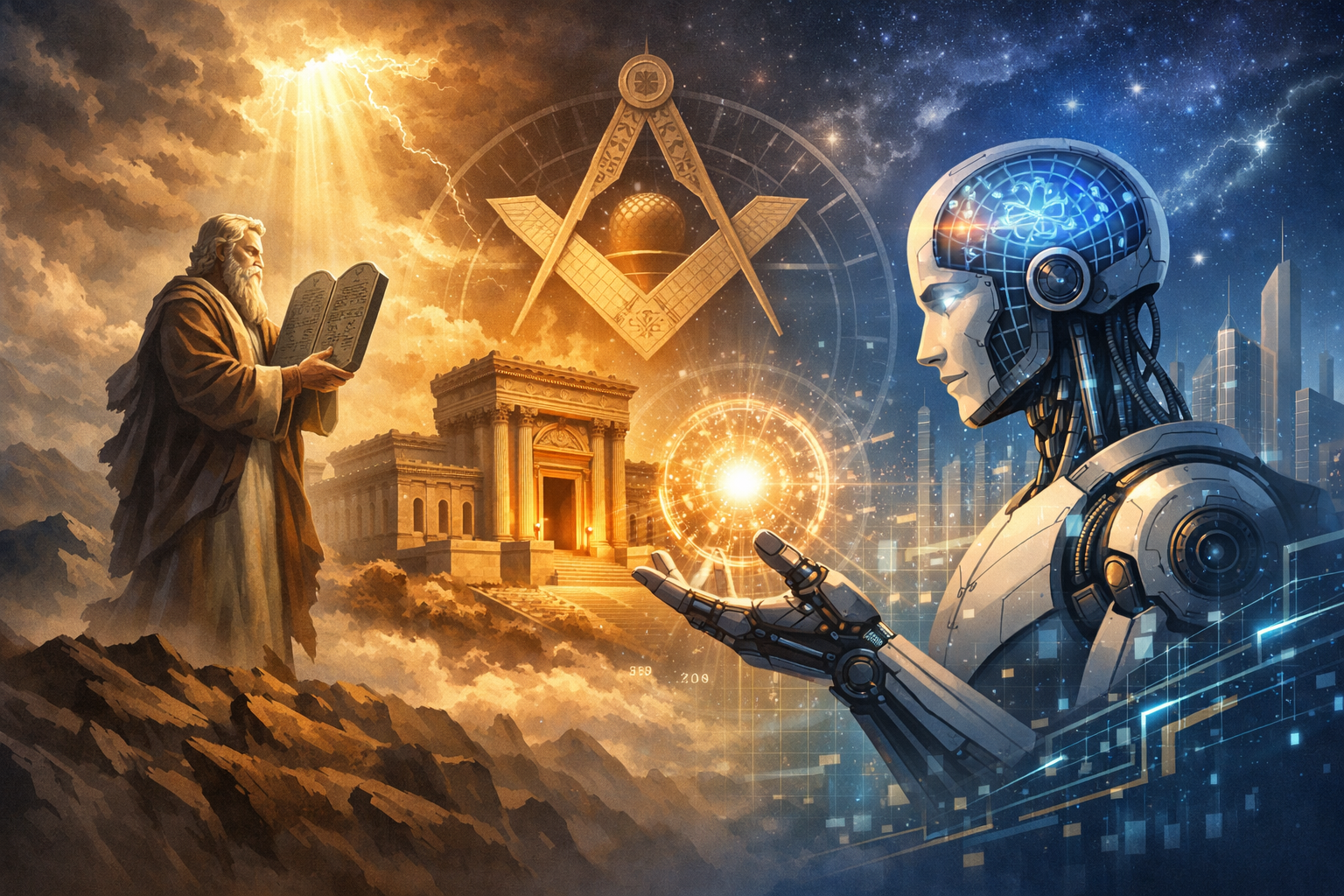 A composite artistic image showing a bearded figure in robes holding tablets on the left, Masonic symbols and a golden temple in the center, and a humanoid robot with a glowing brain on the right, set against contrasting golden and blue cosmic backgrounds with a cityscape below.