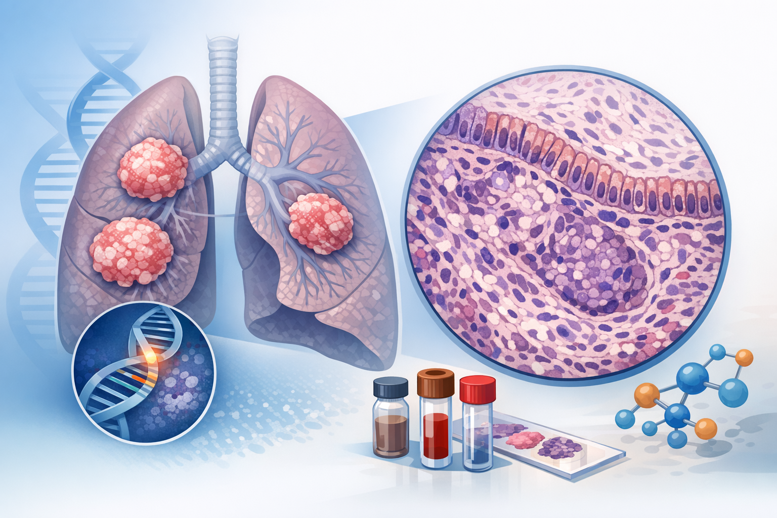 A medical illustration showing lungs with tumor masses, a magnified cellular view, DNA strands, laboratory vials, a microscope slide, and a molecular structure diagram on a light blue background.
