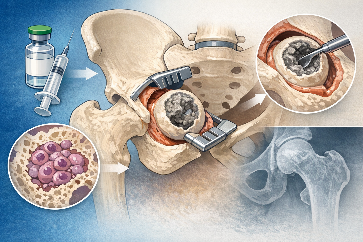 Medical illustration showing a syringe and vial at top left, a pelvis bone with injection being administered to the hip joint, magnified views of bone marrow cells and the injection site, and an X-ray image of hip bones at bottom right.