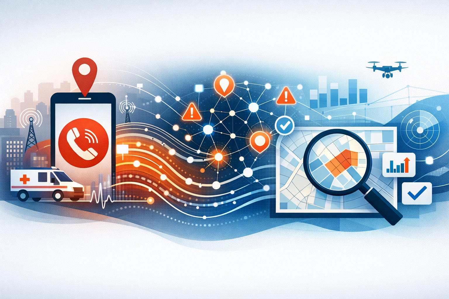 A digital illustration depicting emergency services and location tracking, showing a smartphone with a phone icon and location pin, an ambulance, a network of connected nodes, warning symbols, maps with search and analytics tools, a drone, and a city skyline in the background.