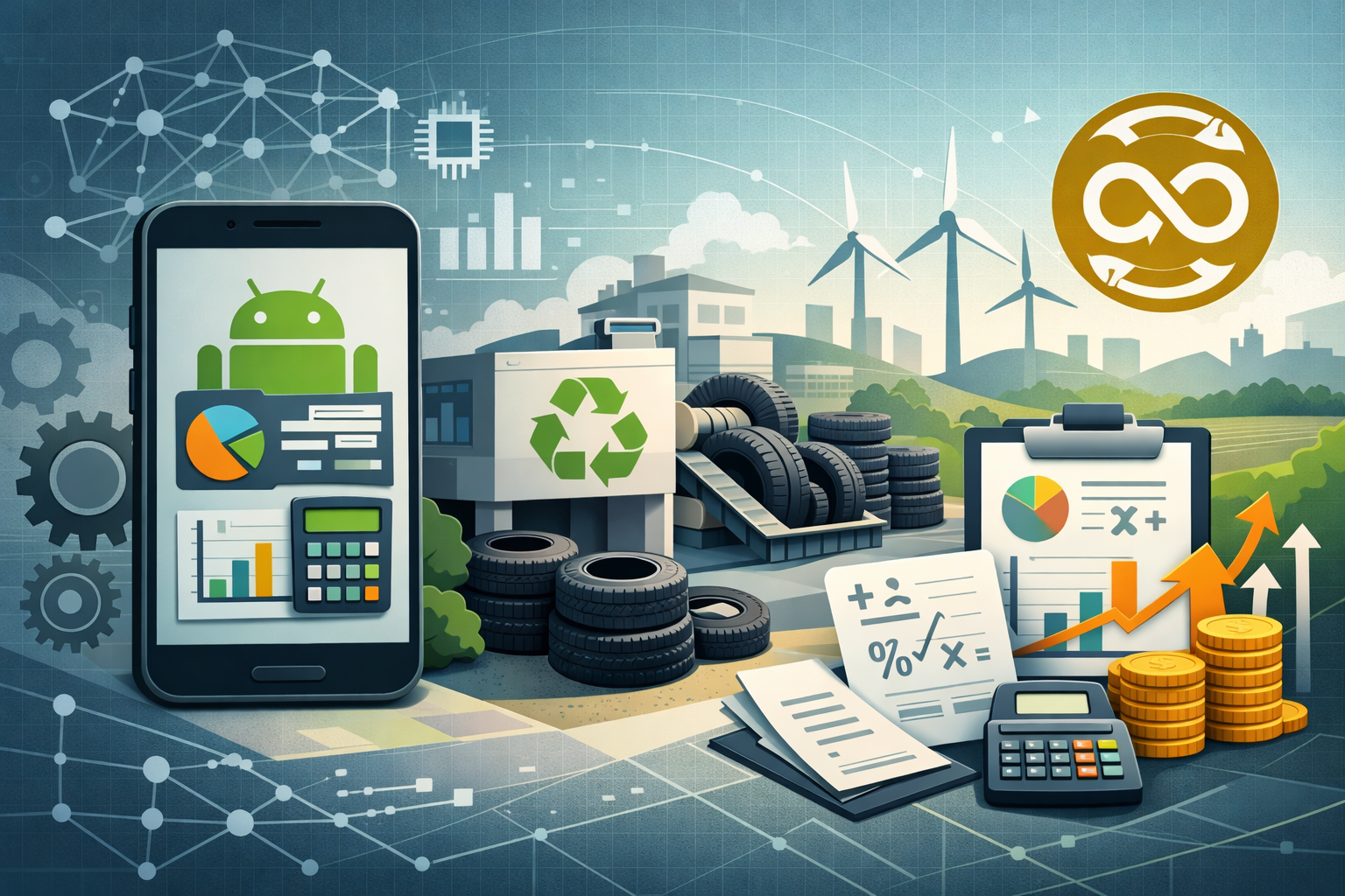 A composite illustration showing an Android smartphone with data analytics charts, recycling bin with tires, wind turbines, renewable energy infrastructure, mathematical equations, calculator, coins, growth charts, and a circular infinity symbol badge in gold, representing sustainable technology and financial analytics.