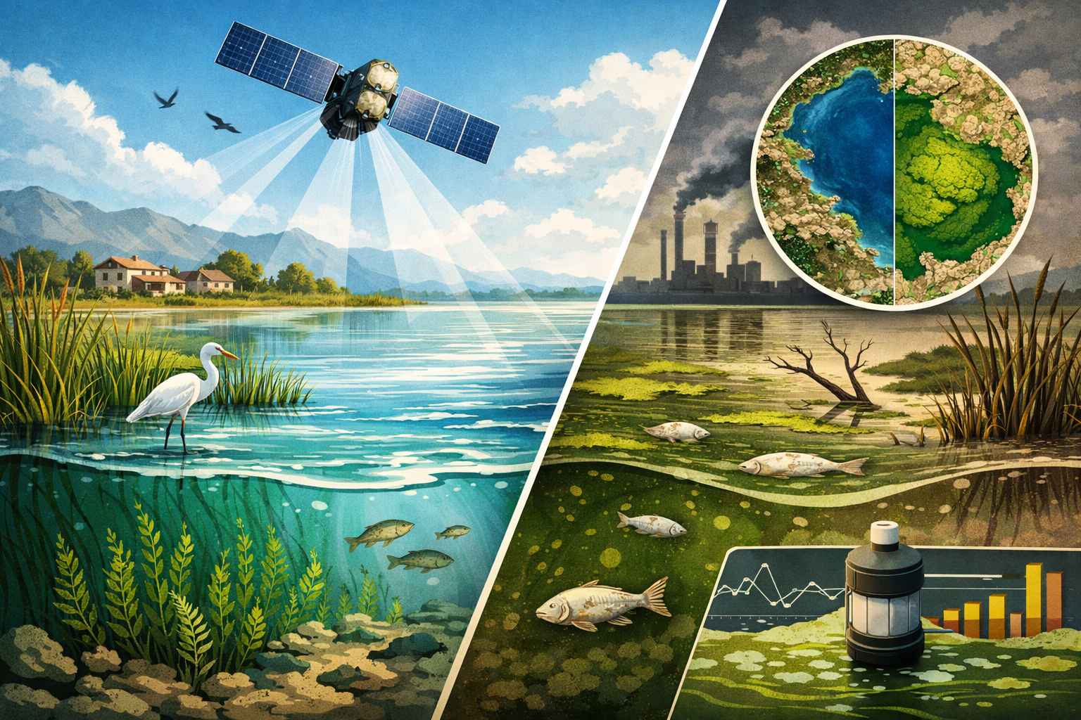 Composite illustration showing three scenes: a healthy lake ecosystem with satellite monitoring on the left, a polluted industrial landscape on the right, and environmental monitoring data with a deployed buoy and aerial view of water quality in the center.