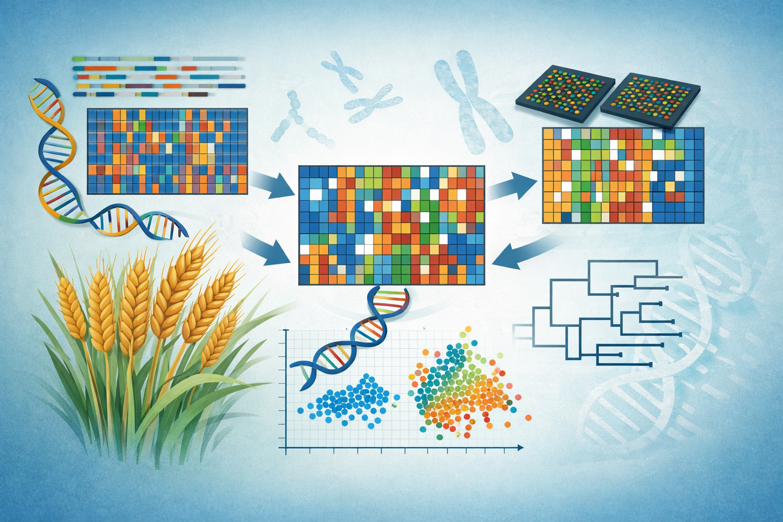 An infographic showing genomic analysis workflow with DNA strands, wheat plant, colored grid matrices, chromosomes, scatter plot data, and genetic sequencing visualizations connected by arrows