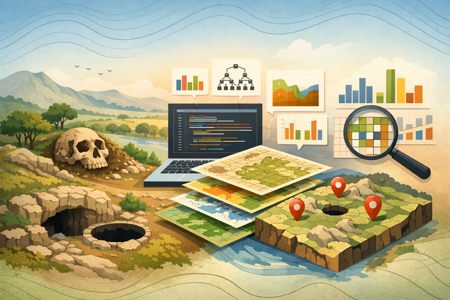 An illustrated scene showing a laptop with data visualizations, stacked maps with location pins, a magnifying glass, charts on the wall, and a skull overlooking a stylized landscape with mountains and a river.