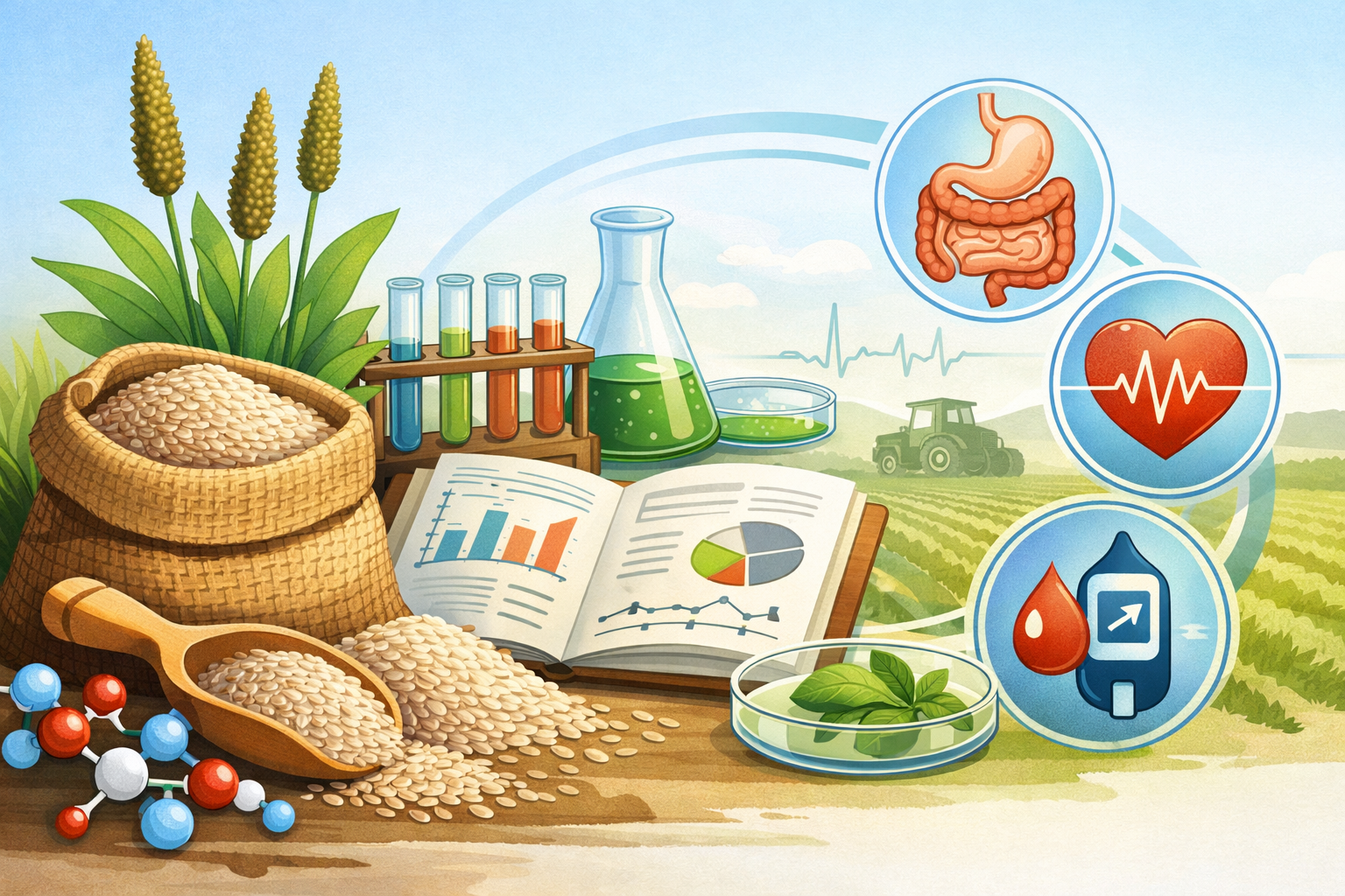 An illustration showing agricultural and biomedical research elements including grain in a basket, test tubes, laboratory equipment, charts, and circular icons depicting a digestive system, heart with heartbeat, and a blood drop with medical symbol, set against a farm landscape background.