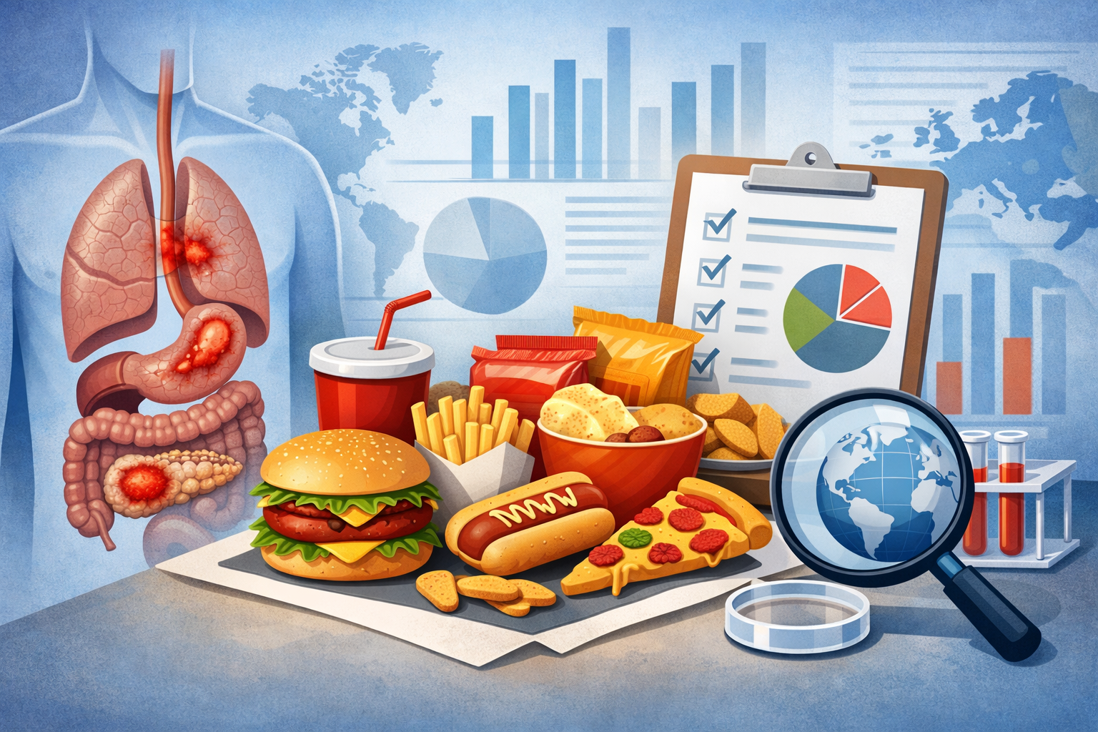 An illustration showing unhealthy processed foods like burgers, hot dogs, fries, and pizza in the foreground, with an inflamed internal organ diagram on the left, and business analytics charts and graphs in the background.