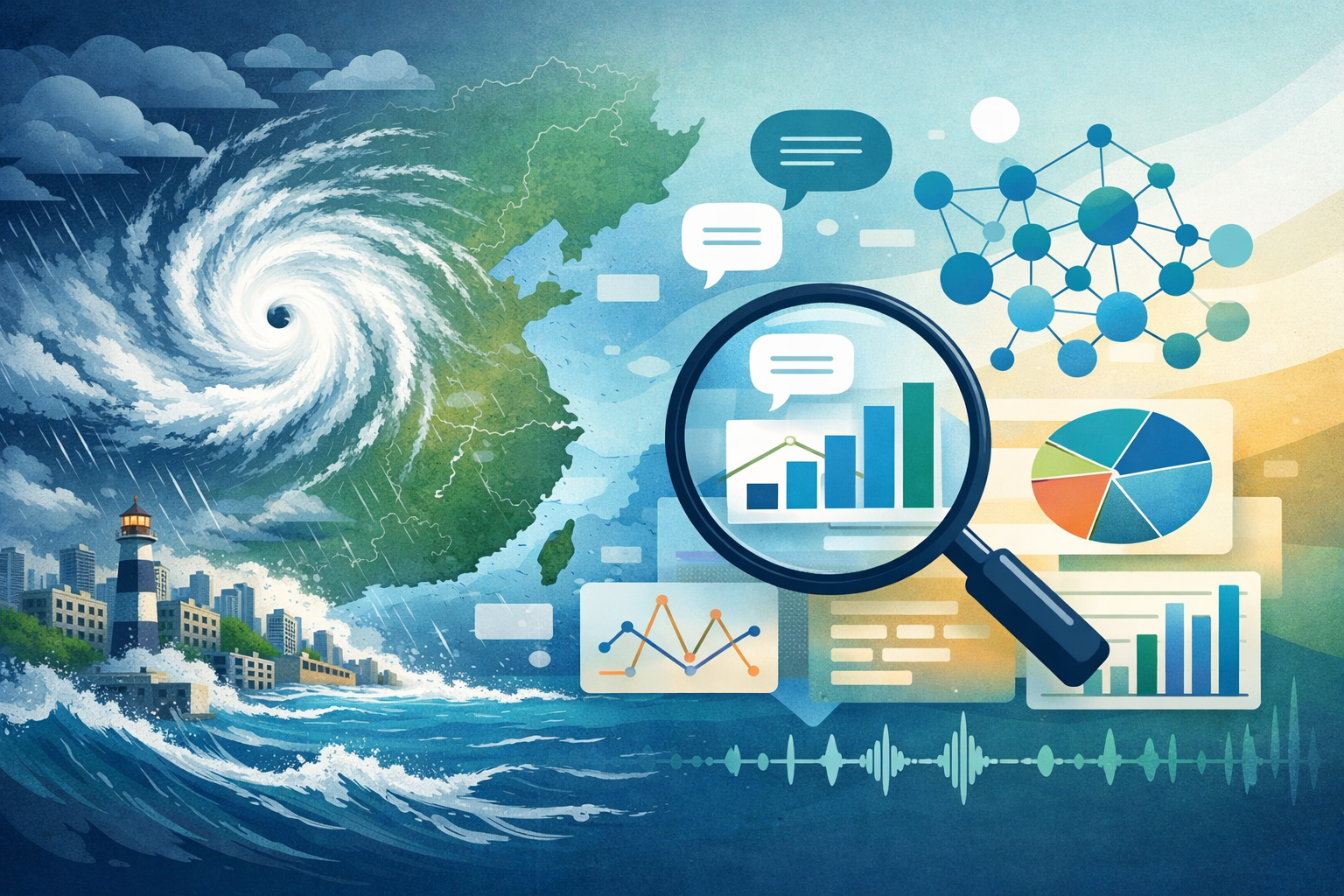 An illustrated collage showing a hurricane and coastal city on the left, connected to data visualization elements including charts, graphs, a magnifying glass, network nodes, and chat bubbles on the right, with a waveform at the bottom.