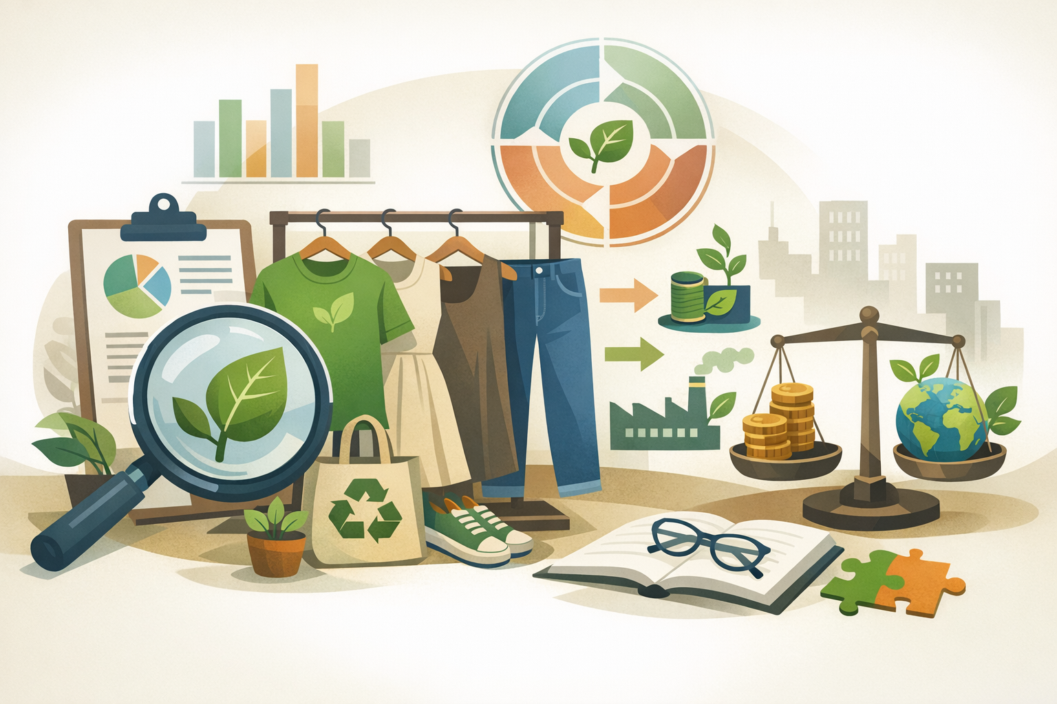 An illustrated scene showing sustainable fashion elements including clothing on hangers, a magnifying glass over a leaf, recycling symbols, charts, coins, a balance scale with Earth and money, and various environmental icons.