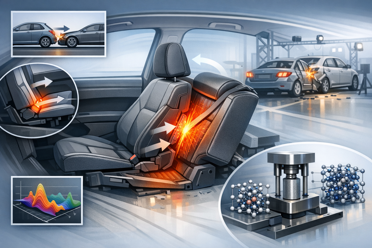 A car seat with glowing orange highlights indicating heat or impact points, surrounded by inset images showing a car collision, molecular structures, and a colorful wave graph.