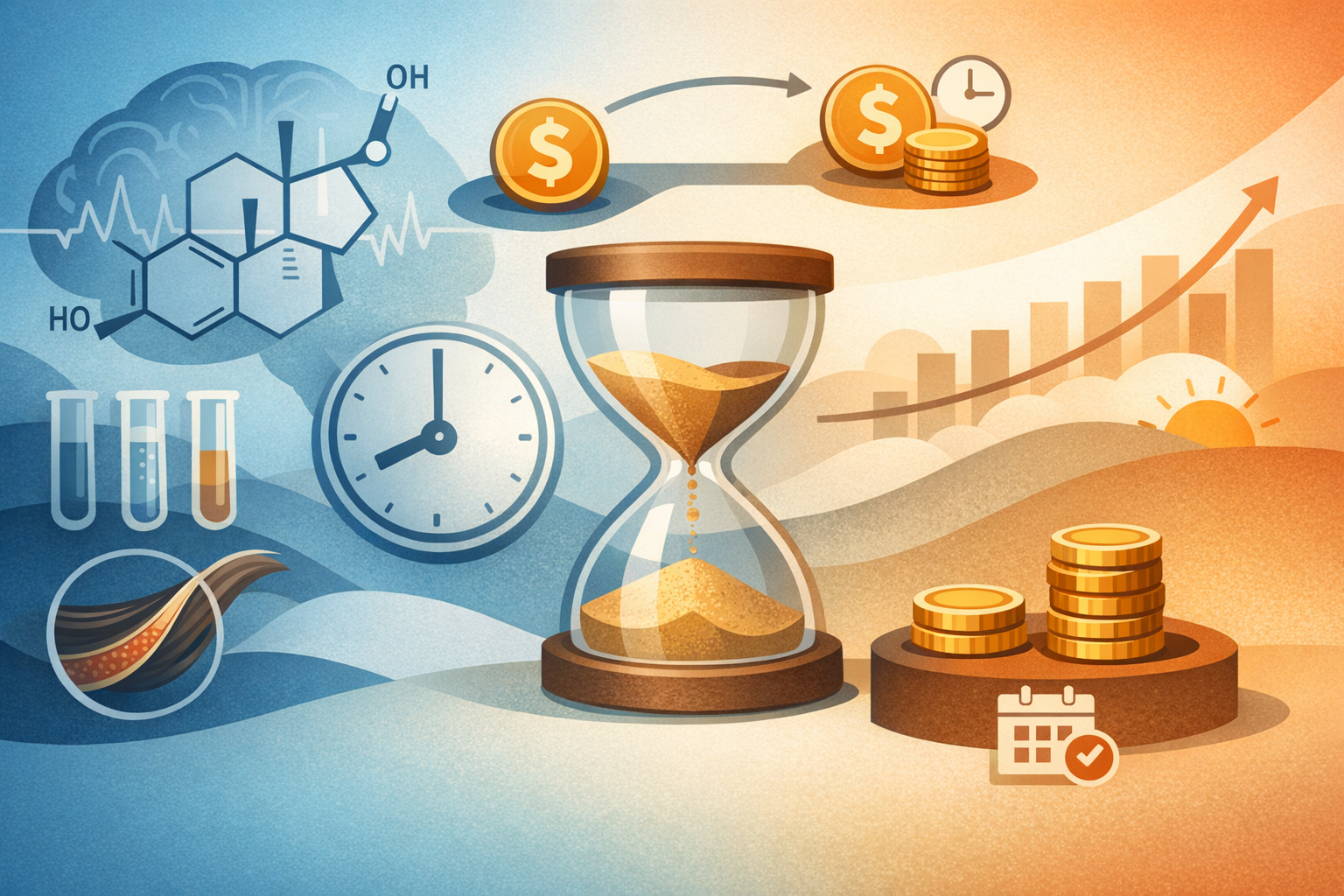 An illustration showing scientific elements including a steroid molecule structure, test tubes, a liver diagram, and a clock on the left side, with an hourglass in the center, and financial elements including dollar coins, an upward trending graph, stacked coins on a calendar, and a rising sun on the right side.