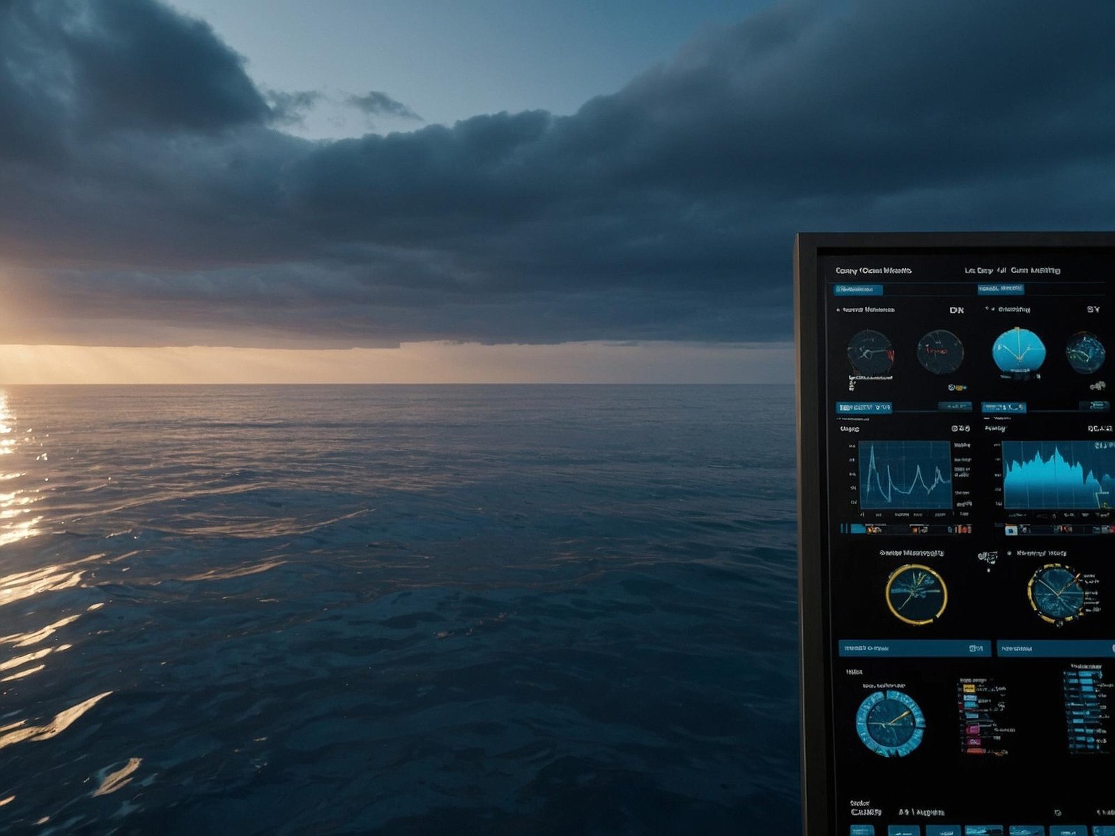 A computer monitor displaying oceanographic data visualizations including graphs, charts, and satellite imagery positioned against a view of the ocean at dusk with dark storm clouds overhead.