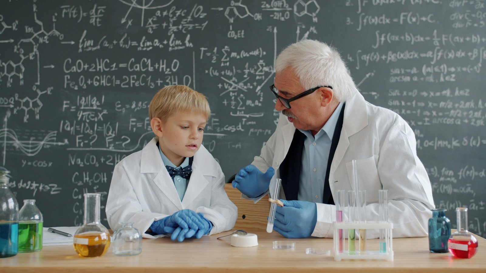 A teacher in a white lab coat and blue gloves works with a young student at a laboratory bench in front of a chalkboard covered with scientific equations and diagrams, with beakers and test tubes visible on the table.