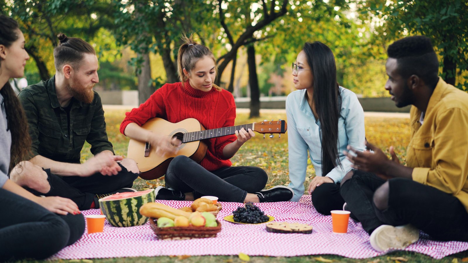 A group of six young people sit on a pink checkered picnic blanket in a park while a woman in a red sweater plays an acoustic guitar, with food and drinks visible on the blanket and trees in the background.