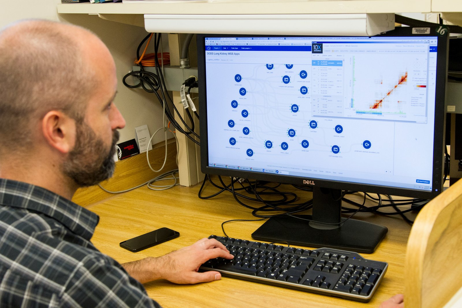 A man in a checkered shirt sits at a wooden desk, using a keyboard while viewing a computer monitor displaying a map with blue circular data points and analytical visualization.