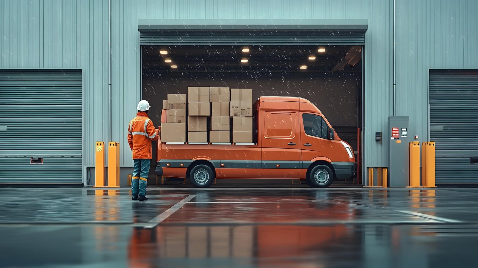 A worker in an orange high-visibility jacket and white hard hat stands near an orange delivery van loaded with cardboard boxes inside a warehouse loading bay during rain.